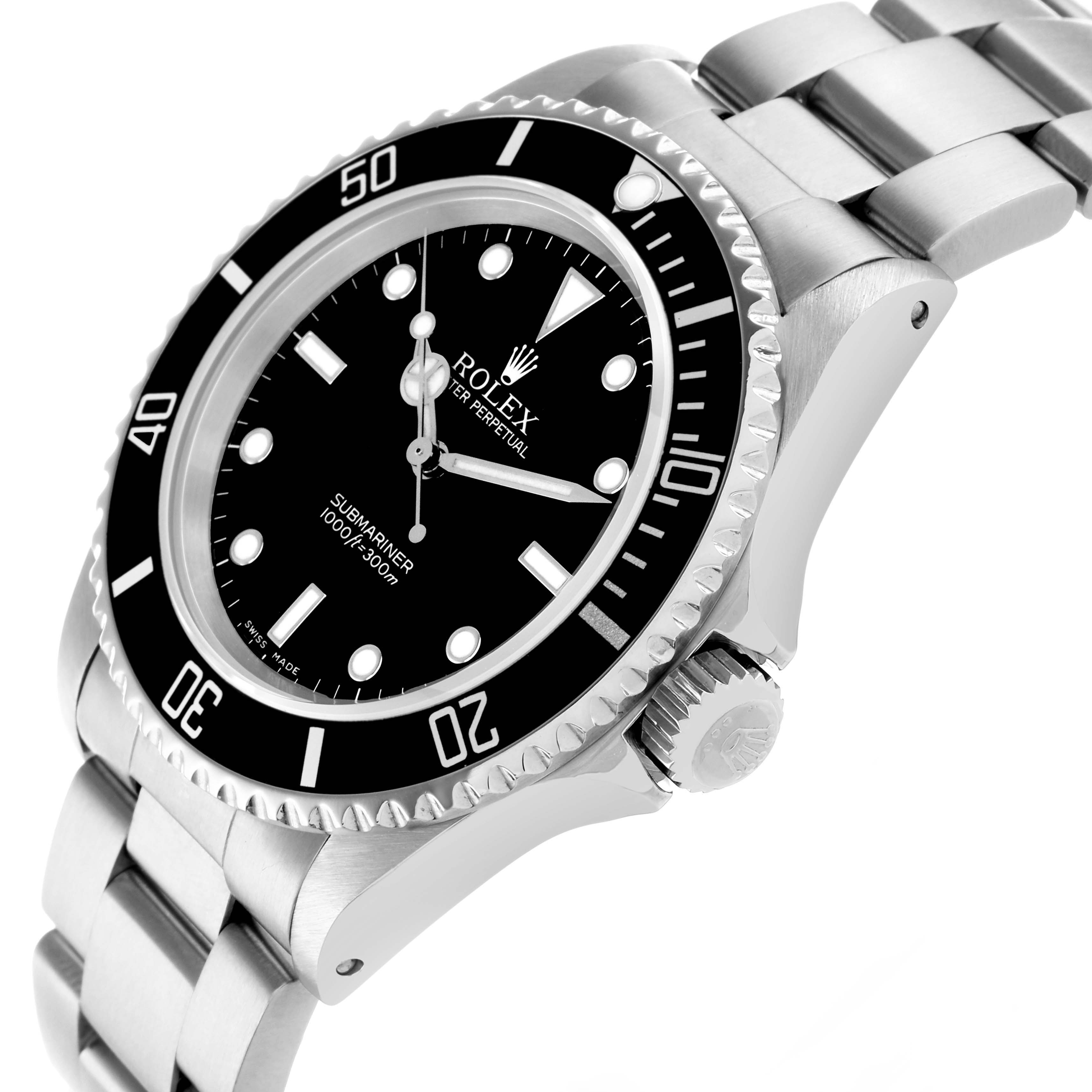 The Rolex Submariner 14060M Men
s Stainless Steel Black Dial watch is shown at a slight angle, highlighting the bezel, dial, crown, and bracelet.