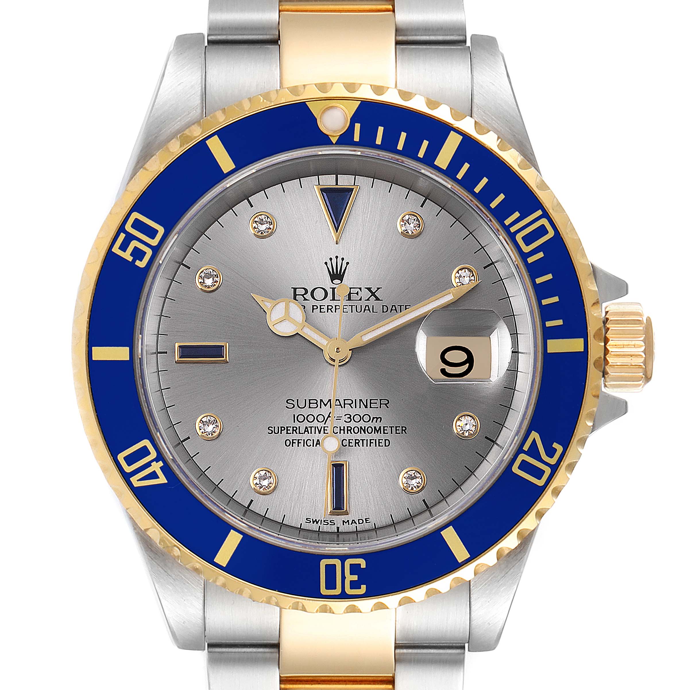 The Rolex Submariner 16613 Men
s Steel and Gold (two tone) Grey Dial 16613 Men
s Steel and Gold (two tone) Grey Dial watch is shown from the front, displaying its face, bezel, and part of the bracelet.