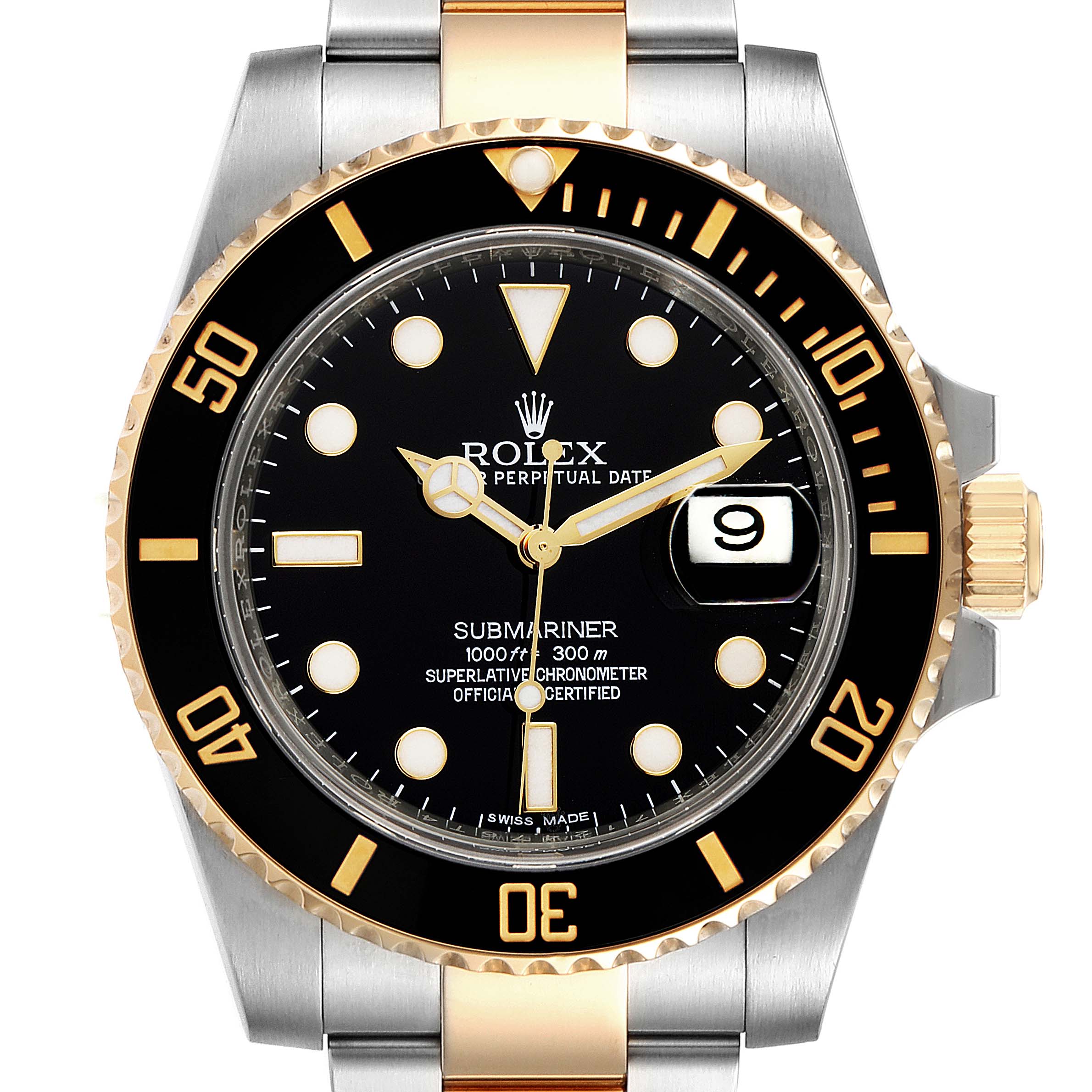 The image shows a front view of the Rolex Submariner 116613 Men's Steel and Gold (two tone) Black Dial 116613 Men's Steel and Gold (two tone) Black Dial watch, highlighting its black dial, date window, and black bezel.