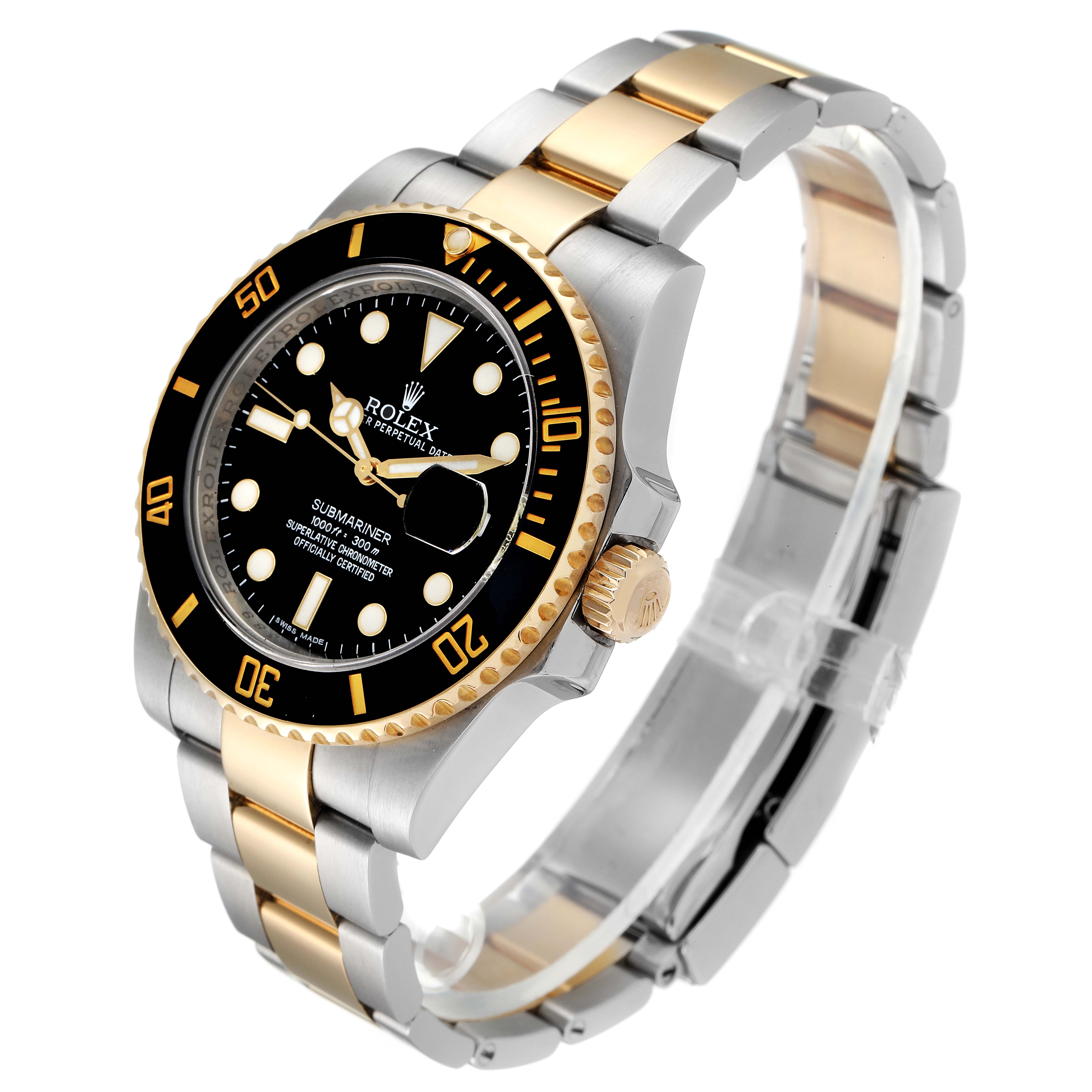 The image shows a Rolex Submariner 116613 Men's Steel and Gold (two tone) Black Dial 116613 Men's Steel and Gold (two tone) Black Dial watch at a three-quarter angle, highlighting its two-tone bracelet, bezel, and dial.