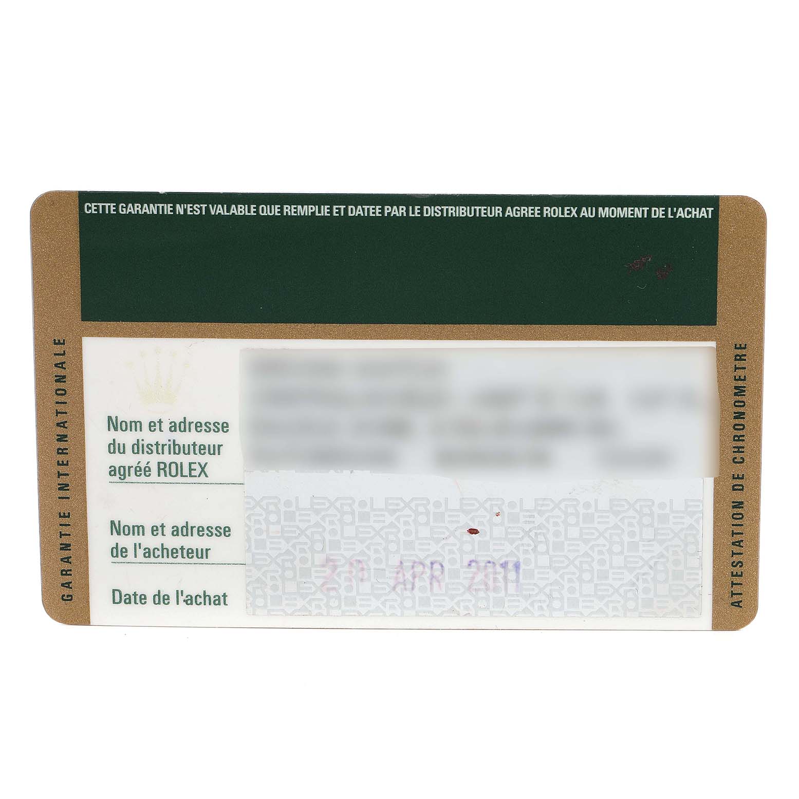 This image shows the warranty card for a Rolex Submariner 116613 Men's Steel and Gold (two tone) Black Dial 116613 Men's Steel and Gold (two tone) Black Dial watch.