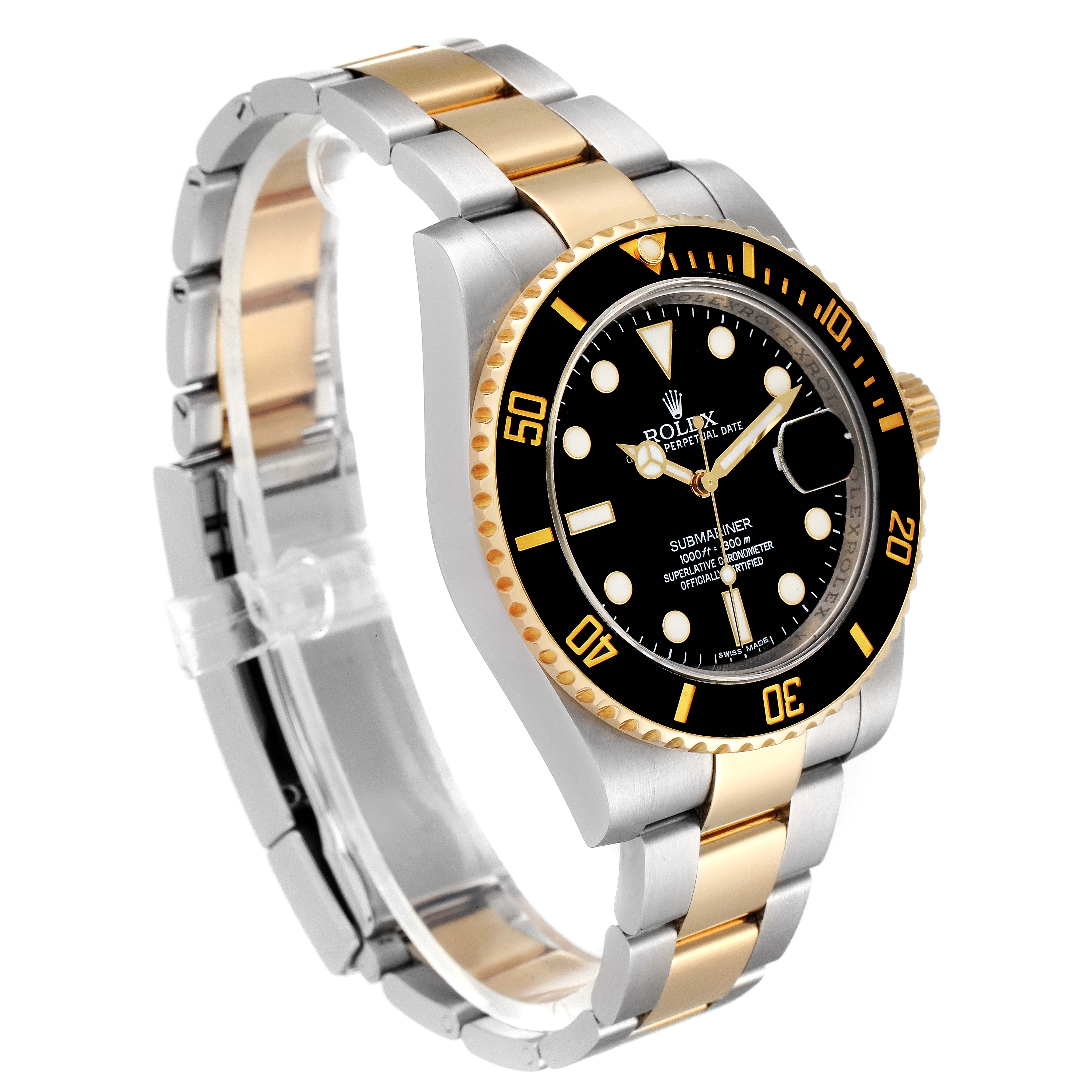 This side view showcases the Rolex Submariner 116613 Men's Steel and Gold (two tone) Black Dial 116613 Men's Steel and Gold (two tone) Black Dial watch, highlighting its black dial, bezel, and two-tone bracelet.