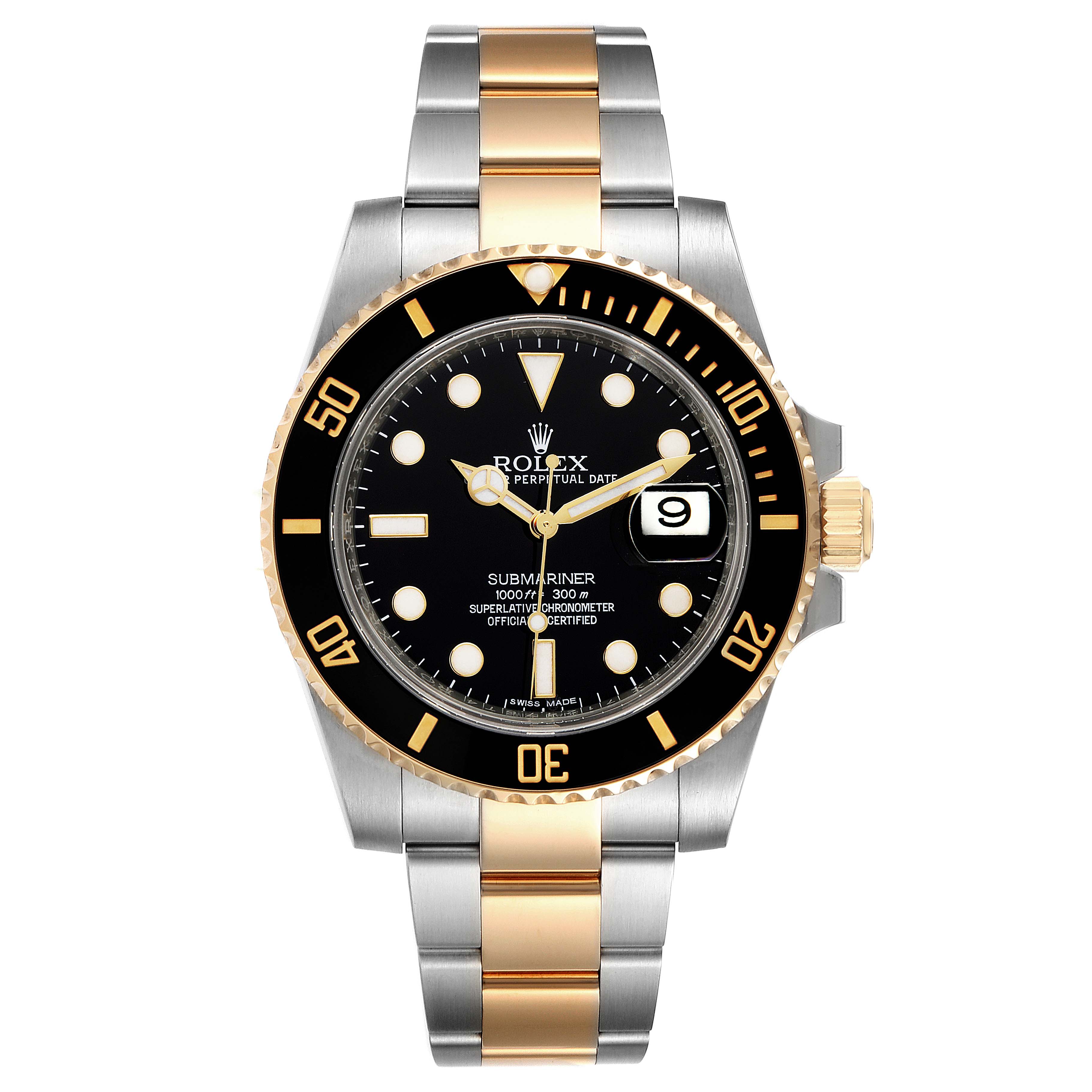 This image shows a frontal view of the Rolex Submariner 116613 Men's Steel and Gold (two tone) Black Dial 116613 Men's Steel and Gold (two tone) Black Dial watch, displaying the dial, bezel, and two-tone bracelet.