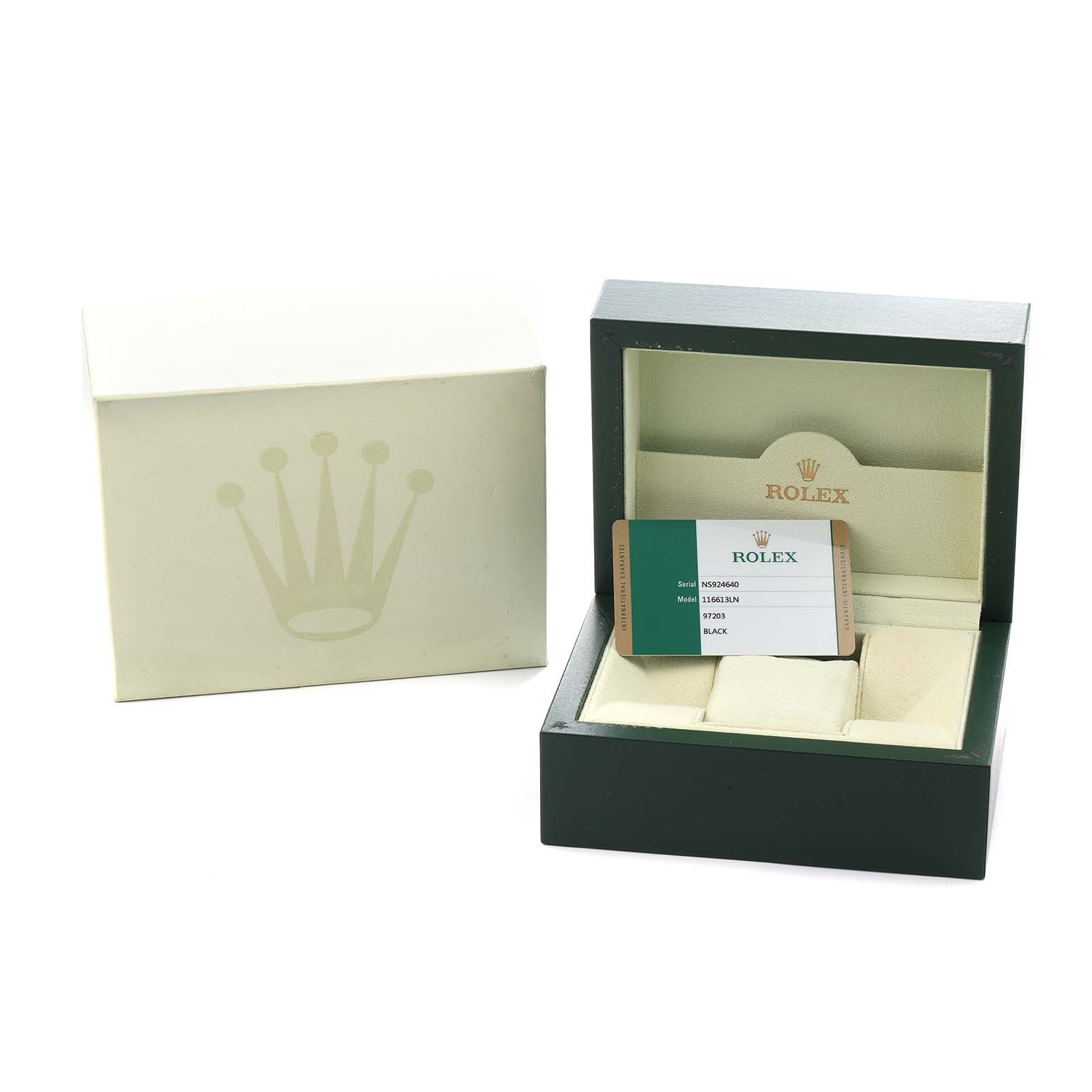 The image shows a Rolex Submariner 116613 Men
s Steel and Gold (two tone) Black Dial watch box and Best Quality
ation card, viewed from the front with lids open and closed.