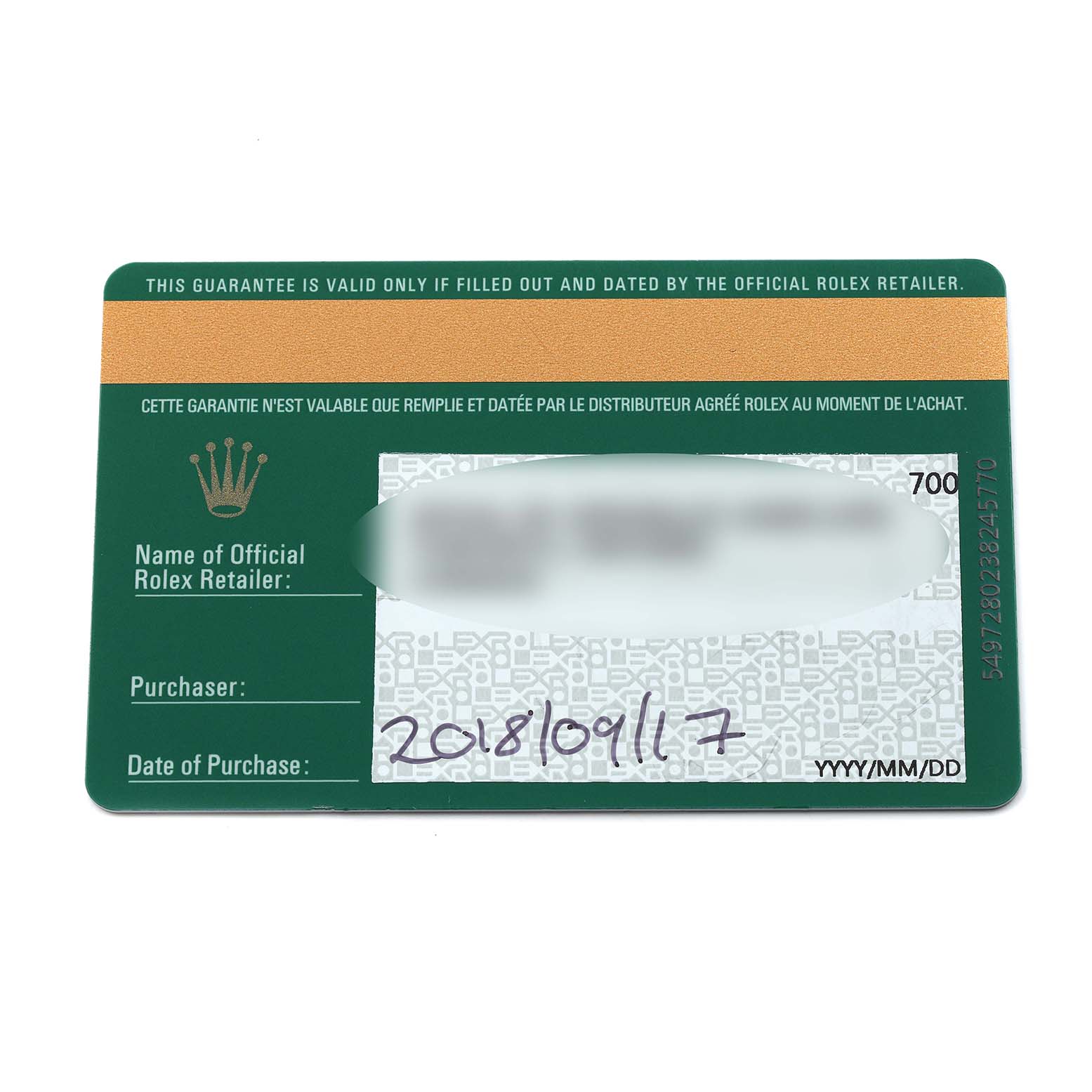 The image shows a Rolex Submariner 116613 Men
s Steel and Gold (two tone) Black Dial guarantee card with purchase details filled in.