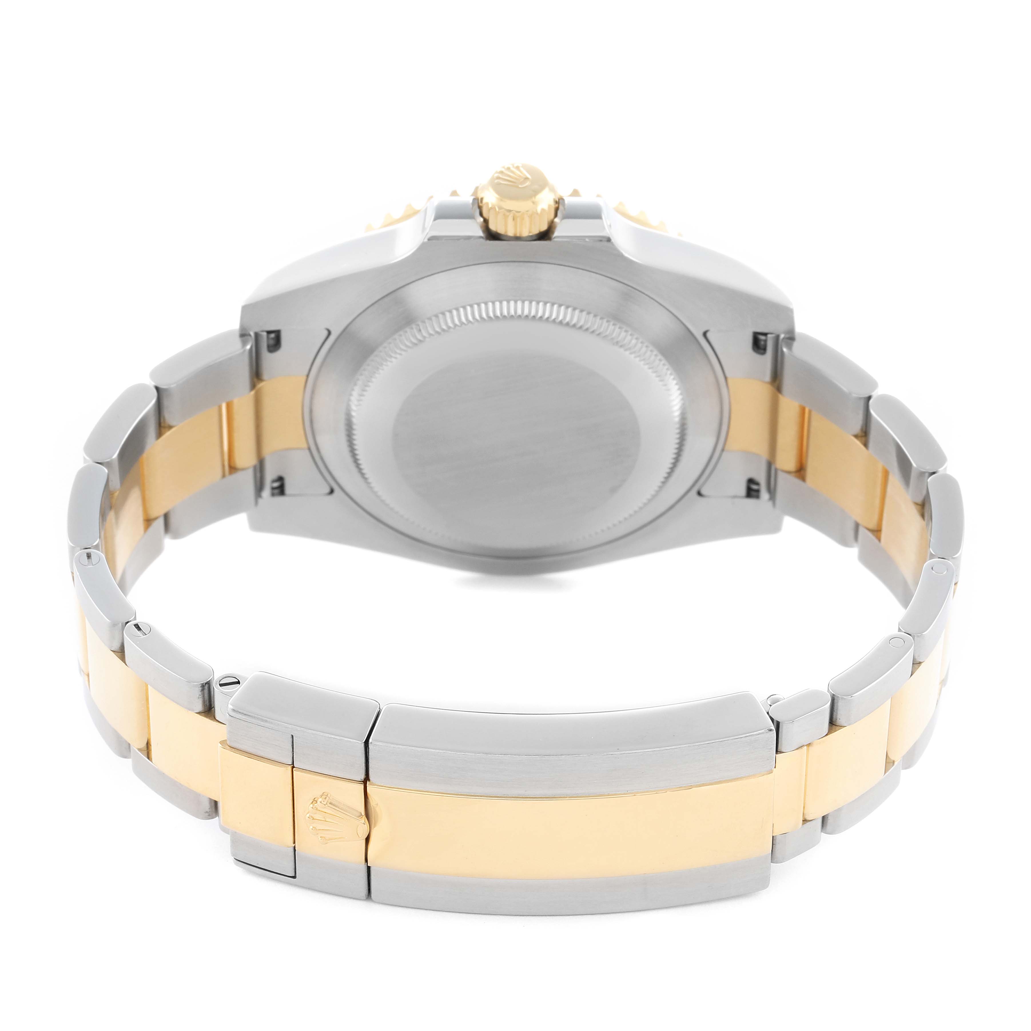 The image shows the back view of a Rolex Submariner 116613 Men
s Steel and Gold (two tone) Black Dial, highlighting the case back, crown, and gold and steel bracelet.