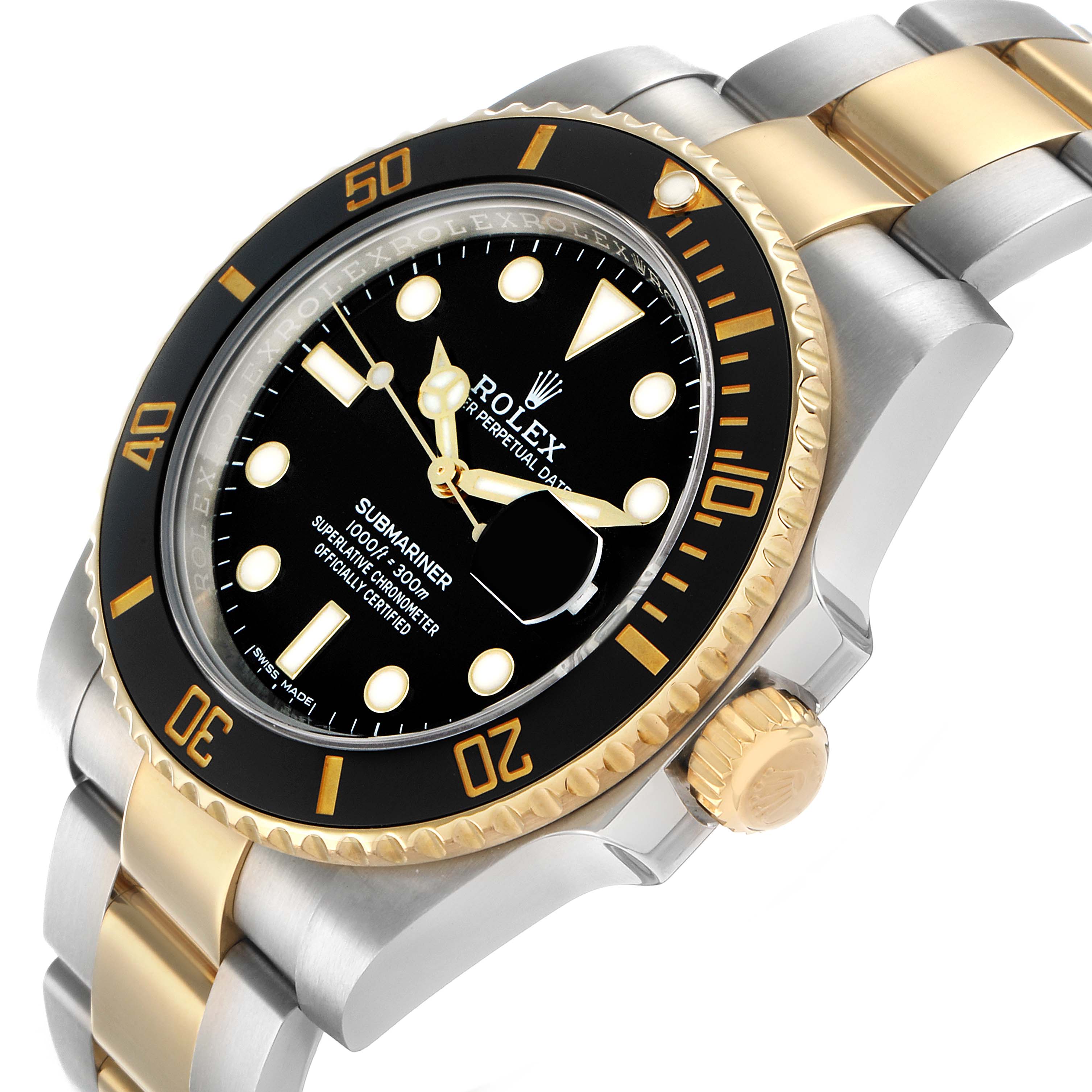 The Rolex Submariner 116613 Men
s Steel and Gold (two tone) Black Dial watch is shown at an angled side view, highlighting the bezel, dial, crown, and two-tone bracelet.