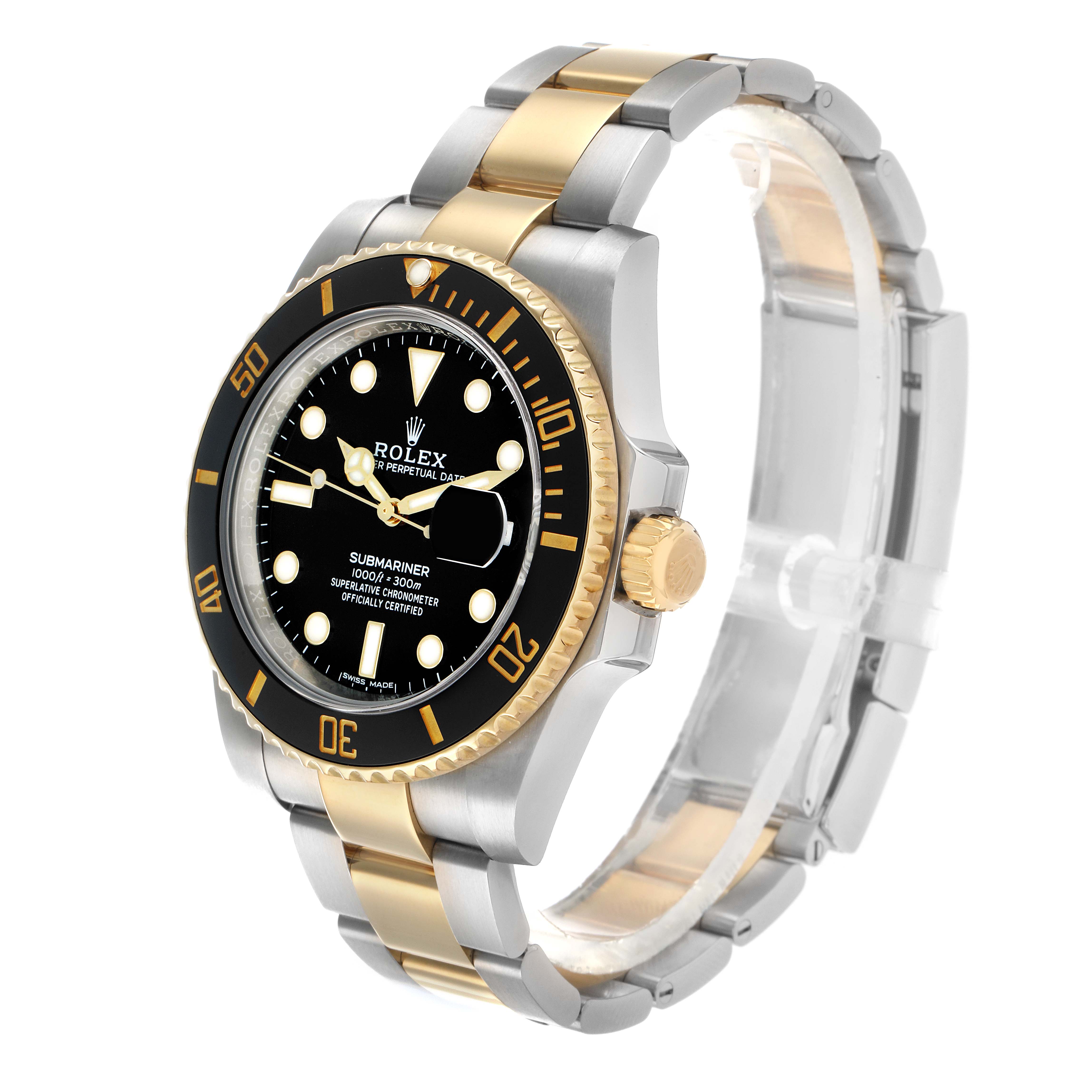 The Rolex Submariner 116613 Men
s Steel and Gold (two tone) Black Dial is shown at a three-quarter angle, highlighting the bezel, dial, crown, and bracelet.