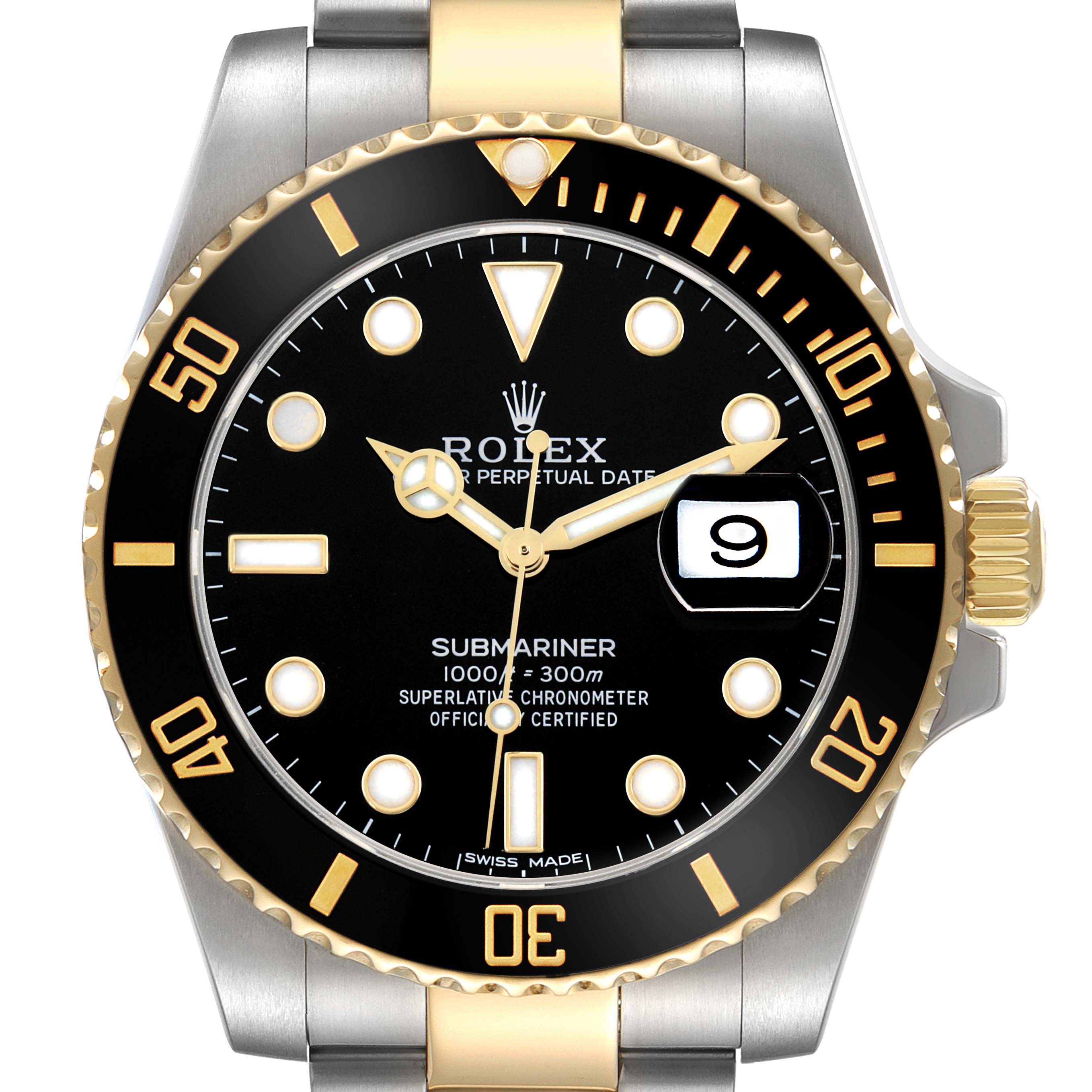 The Rolex Submariner 116613 Men
s Steel and Gold (two tone) Black Dial watch is shown from the front, highlighting the bezel, dial, and date window.