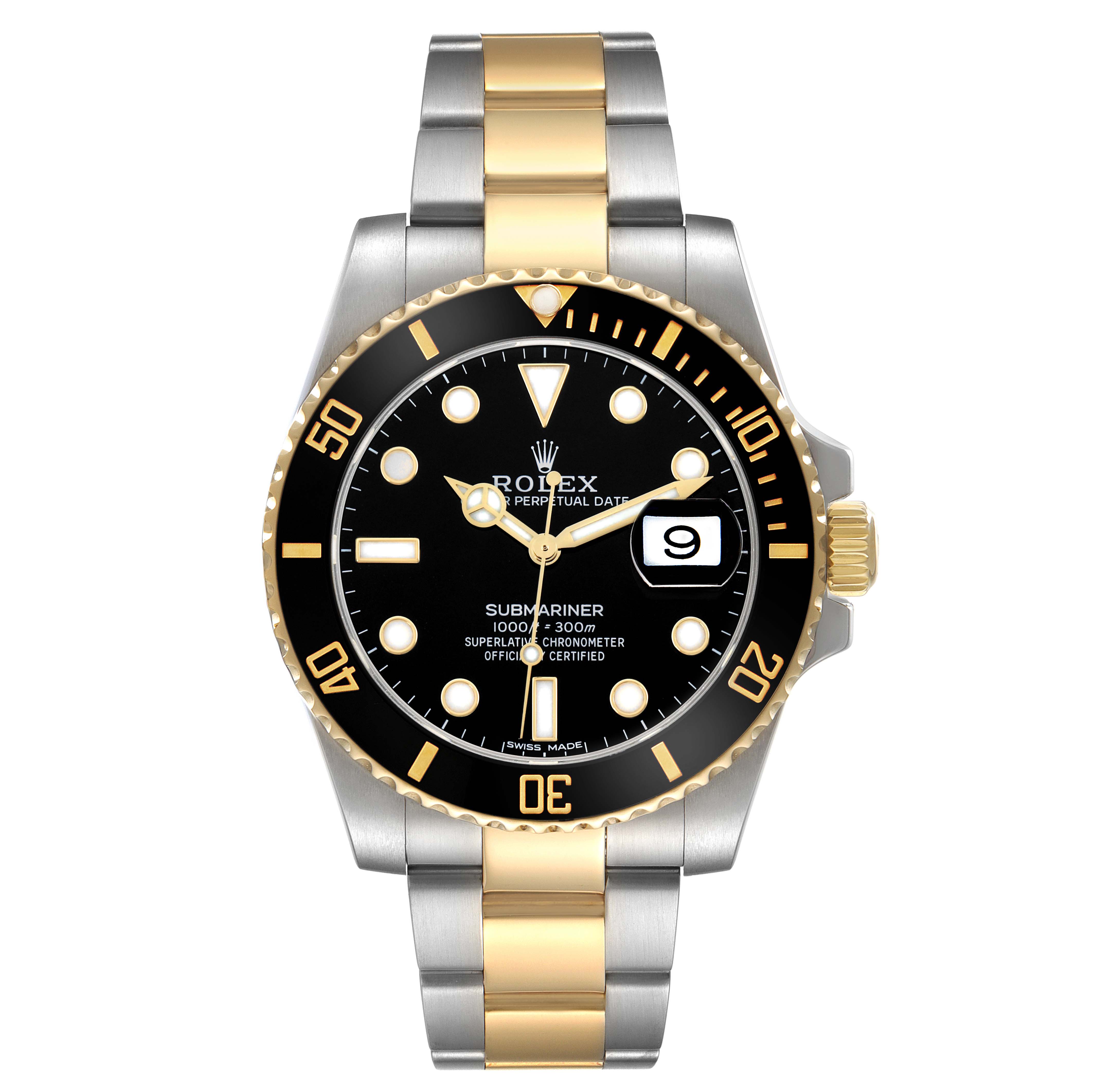 The image shows a front view of a Rolex Submariner 116613 Men
s Steel and Gold (two tone) Black Dial watch, highlighting the bezel, dial, and two-tone bracelet.