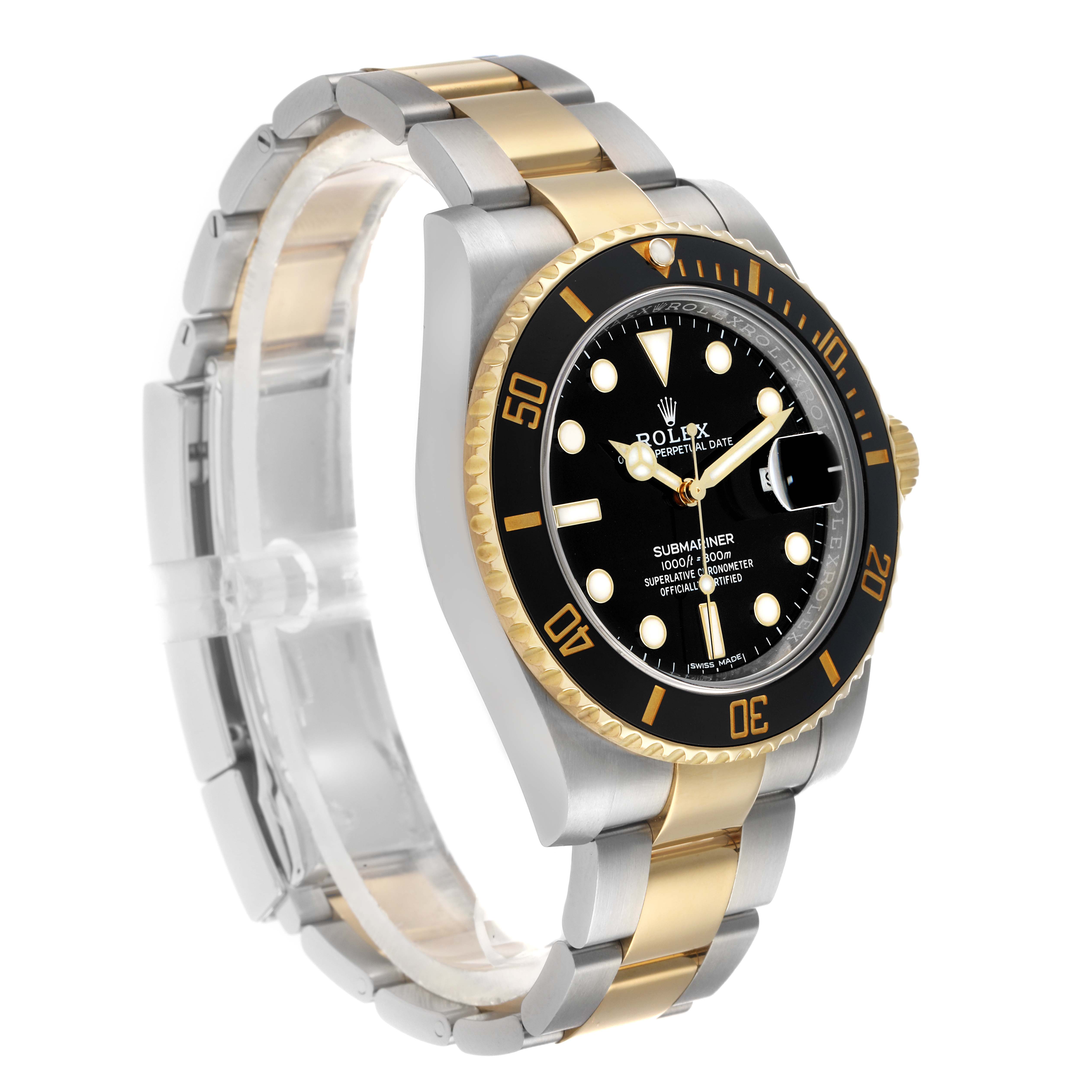 The Rolex Submariner 116613 Men
s Steel and Gold (two tone) Black Dial watch is shown at a slight side angle, highlighting the bezel, dial, and two-tone bracelet.