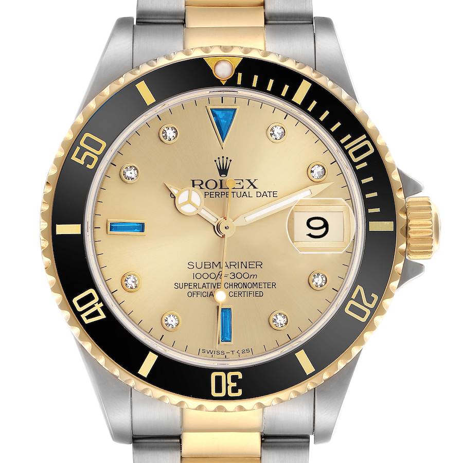 The Rolex Submariner 16613 Men's Steel and Gold (two tone) Champagne Dial watch is shown from the front, highlighting its dial, bezel, and part of the bracelet.