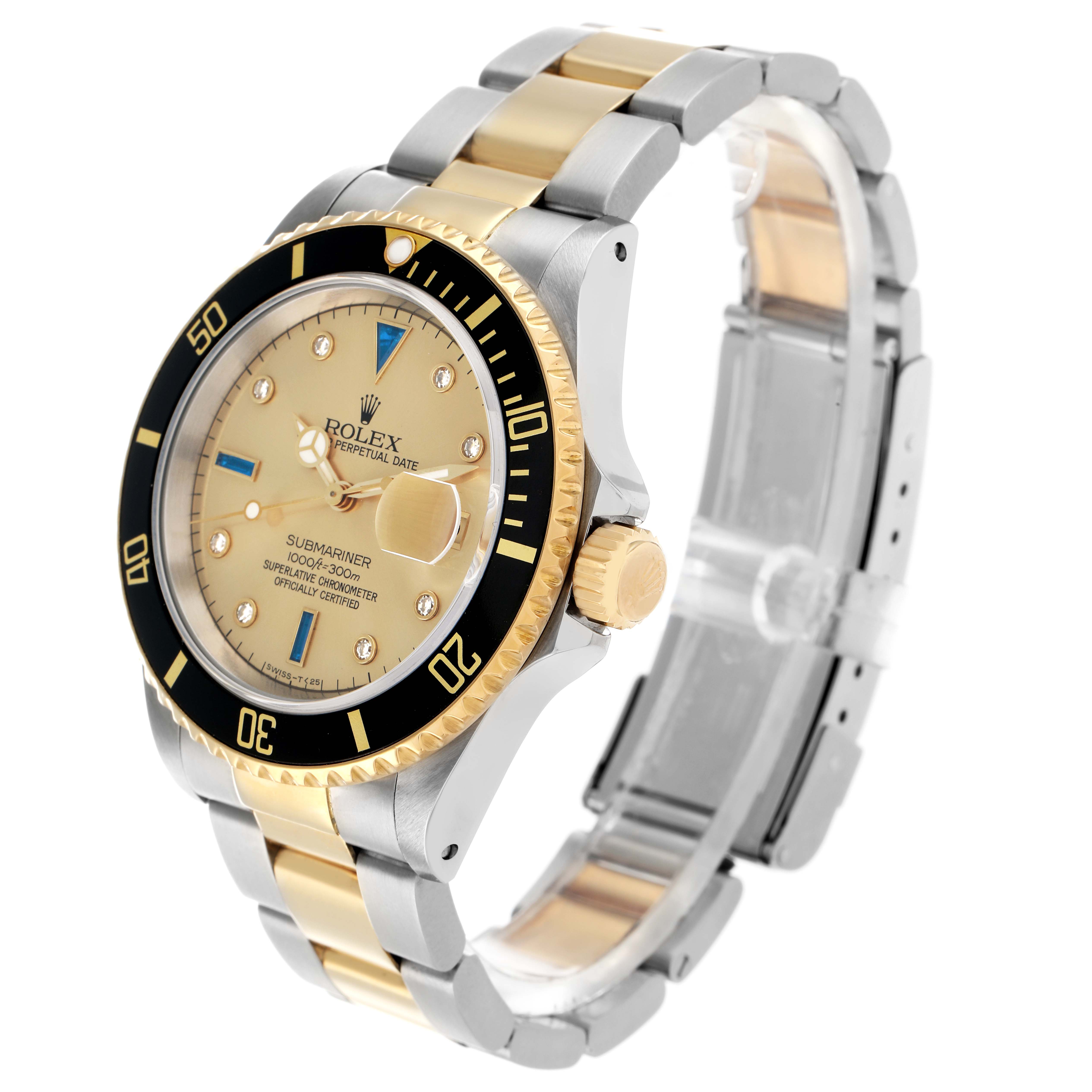 The Rolex Submariner 16613 Men
s Steel and Gold (two tone) Champagne Dial watch is shown at a three-quarter angle, highlighting the bezel, dial, case, bracelet, and crown.
