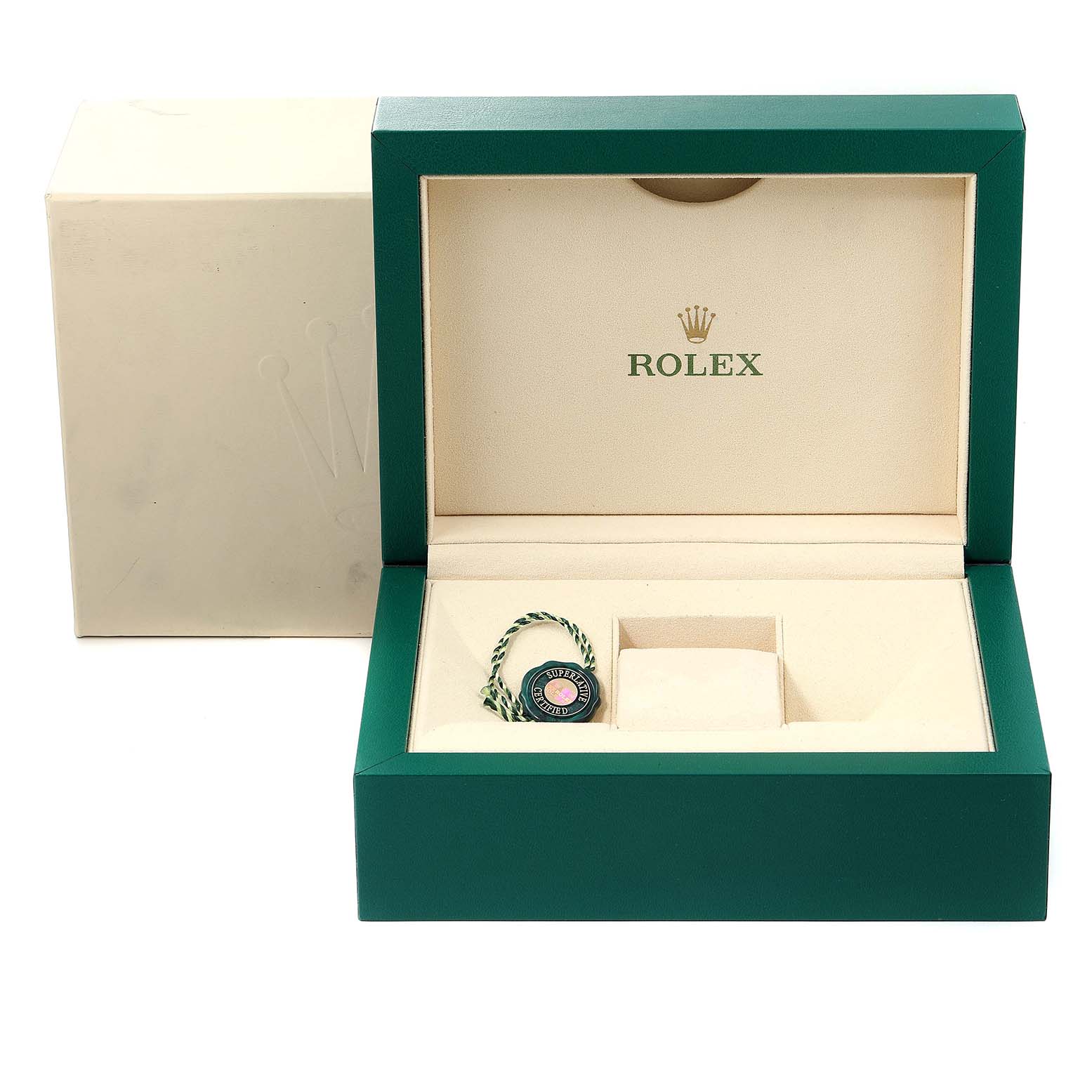 The image shows a green Rolex Submariner 116619 Men's White Gold Blue Dial 116619 Men's White Gold Blue Dial watch box and hangtag, with the box lid open and the watch compartment empty.