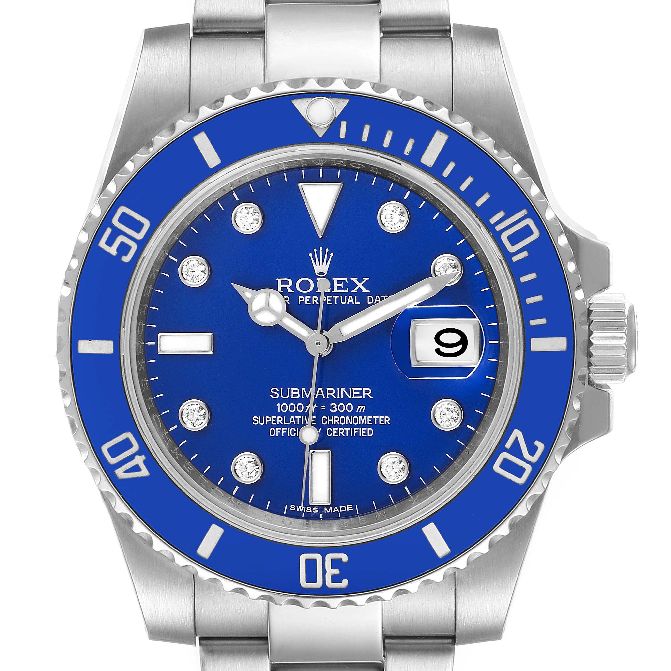This is a front-facing view of a Rolex Submariner 116619 Men's White Gold Blue Dial 116619 Men's White Gold Blue Dial, showing the dial, bezel, crown, and part of the bracelet.