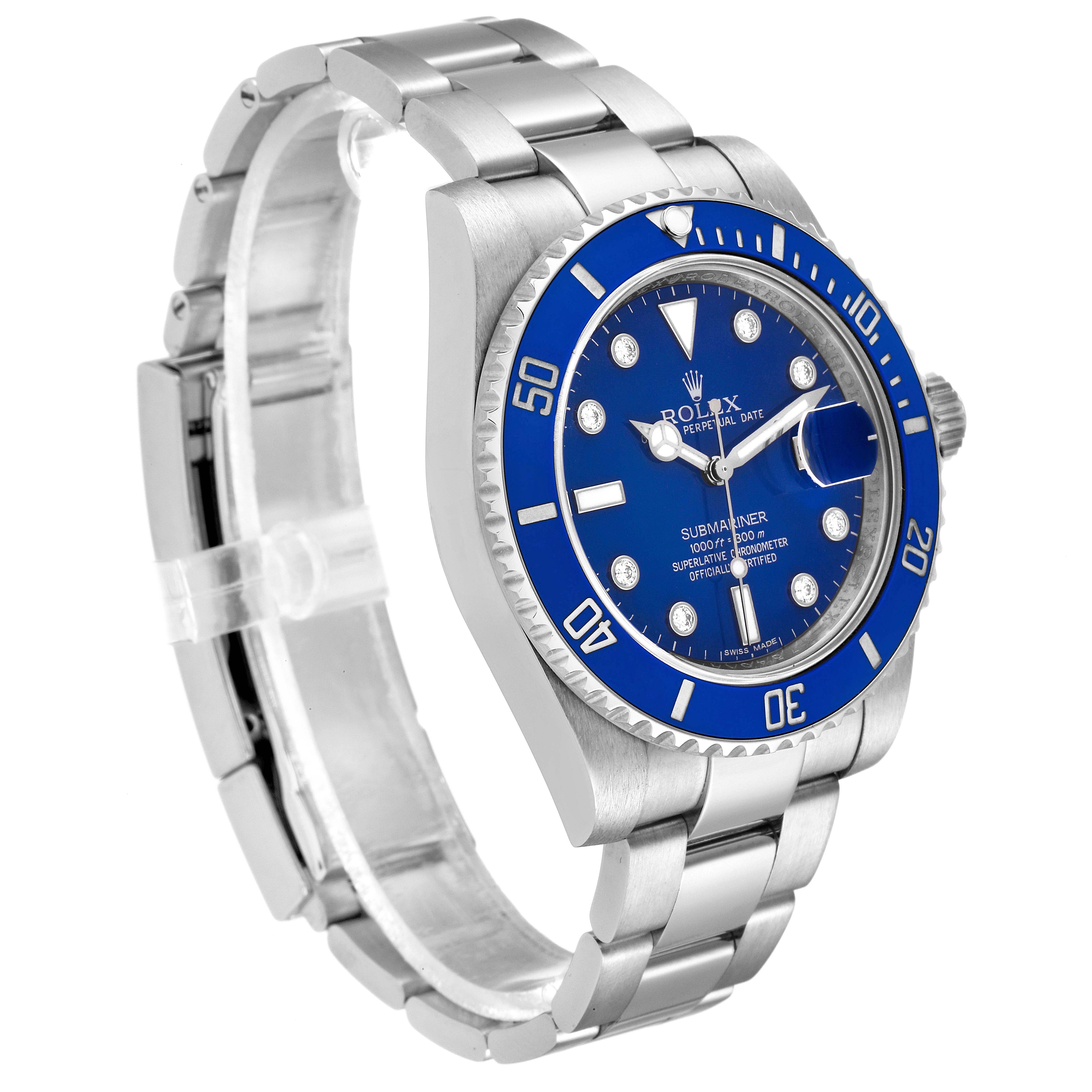 The image shows a Rolex Submariner 116619 Men's White Gold Blue Dial 116619 Men's White Gold Blue Dial watch at a three-quarter angle, highlighting its blue bezel and dial, and stainless steel bracelet.