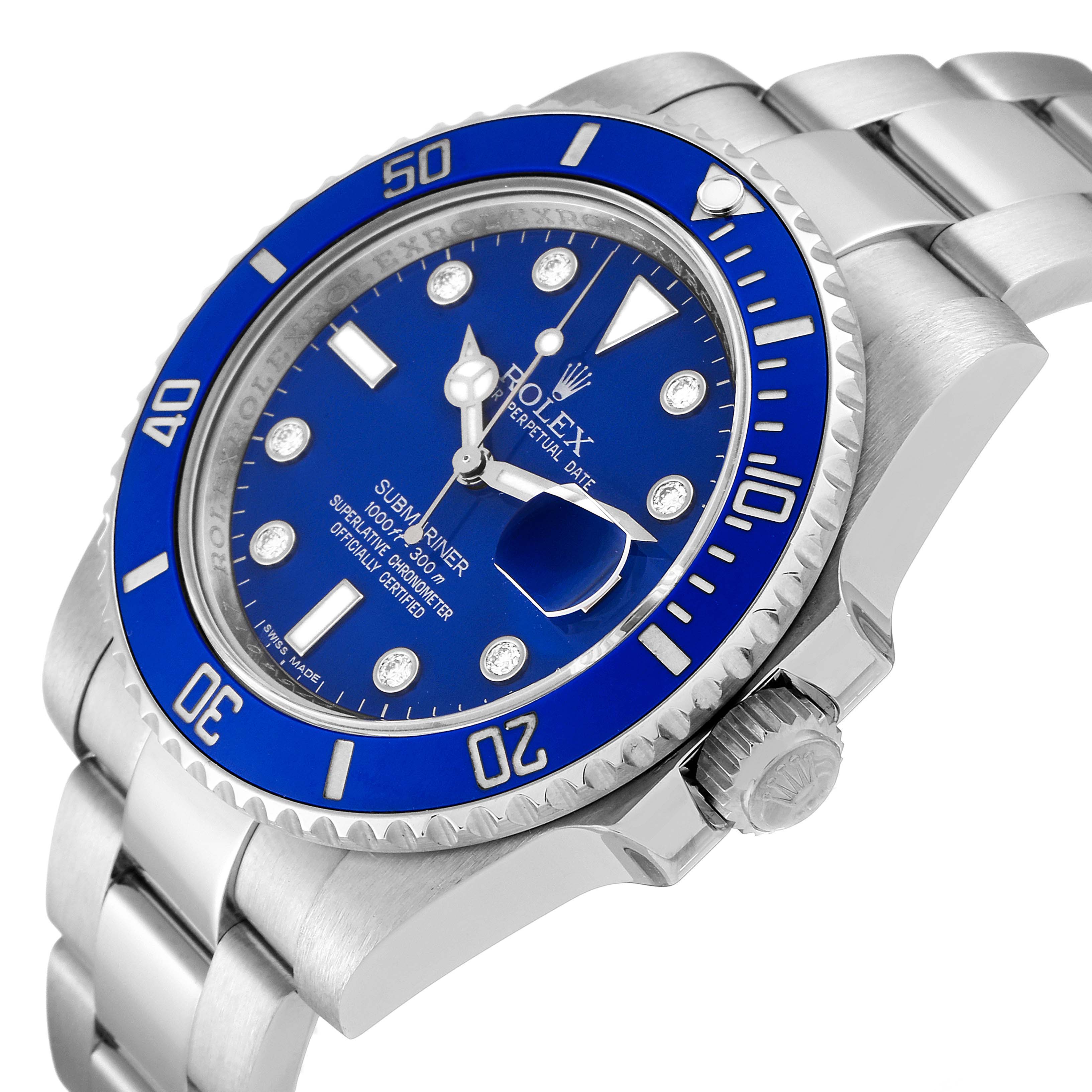 This Rolex Submariner 116619 Men's White Gold Blue Dial 116619 Men's White Gold Blue Dial model is shown from an angled view, featuring its blue bezel, dial, and part of the metal bracelet.