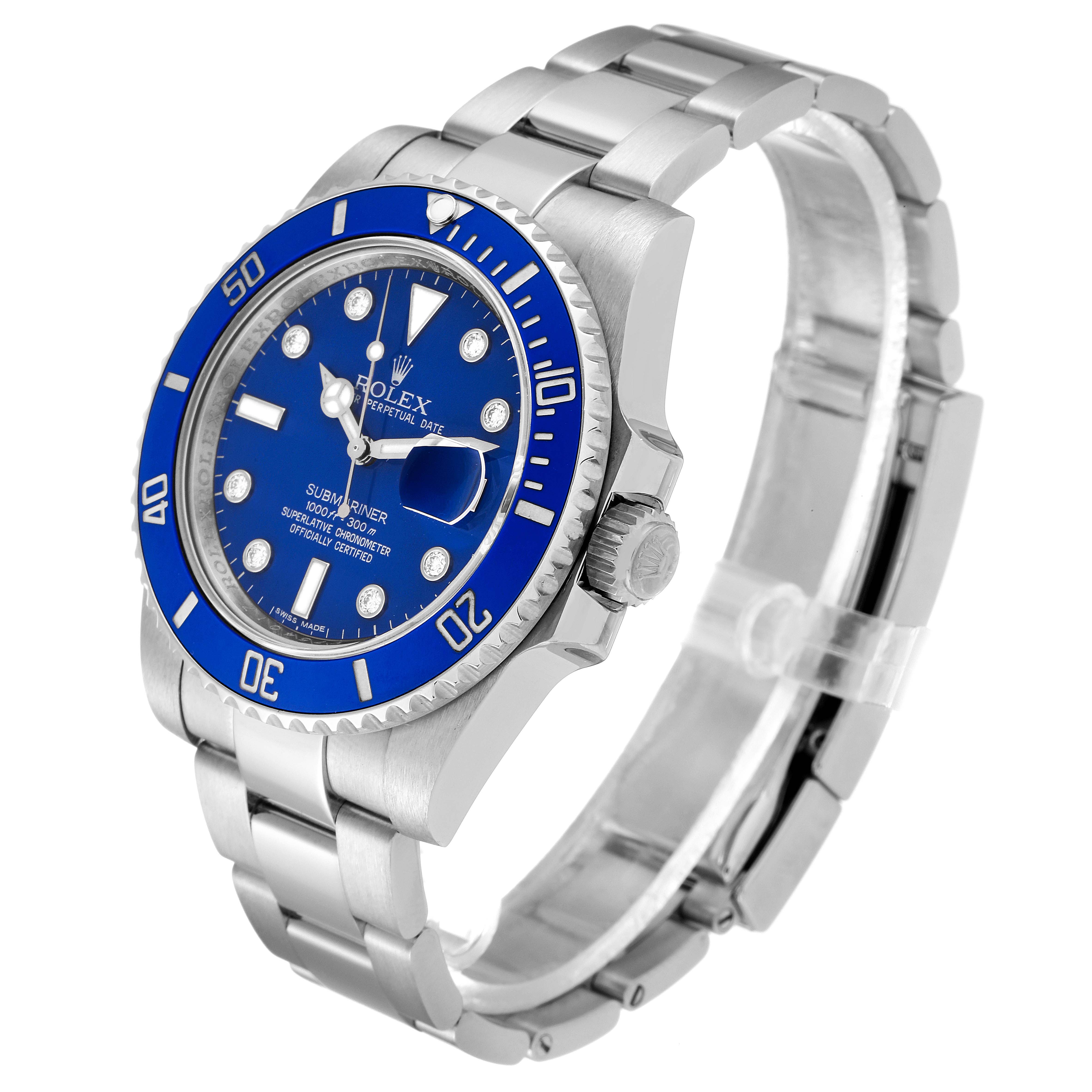 The image shows a side and front angle of a Rolex Submariner 116619 Men's White Gold Blue Dial 116619 Men's White Gold Blue Dial watch, highlighting its blue bezel and dial.