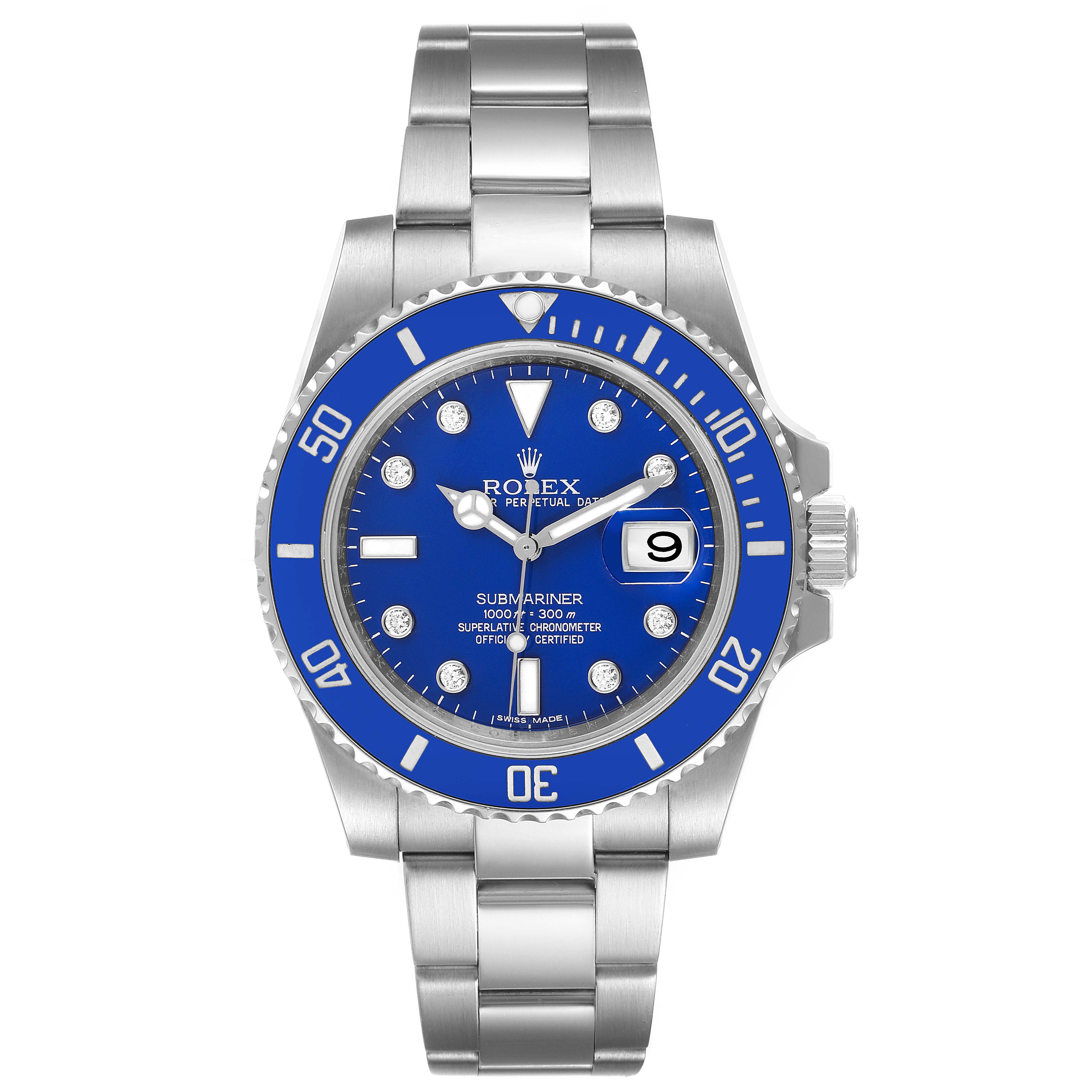 The image shows a front view of a Rolex Submariner 116619 Men's White Gold Blue Dial 116619 Men's White Gold Blue Dial watch, displaying the face, bezel, and bracelet.
