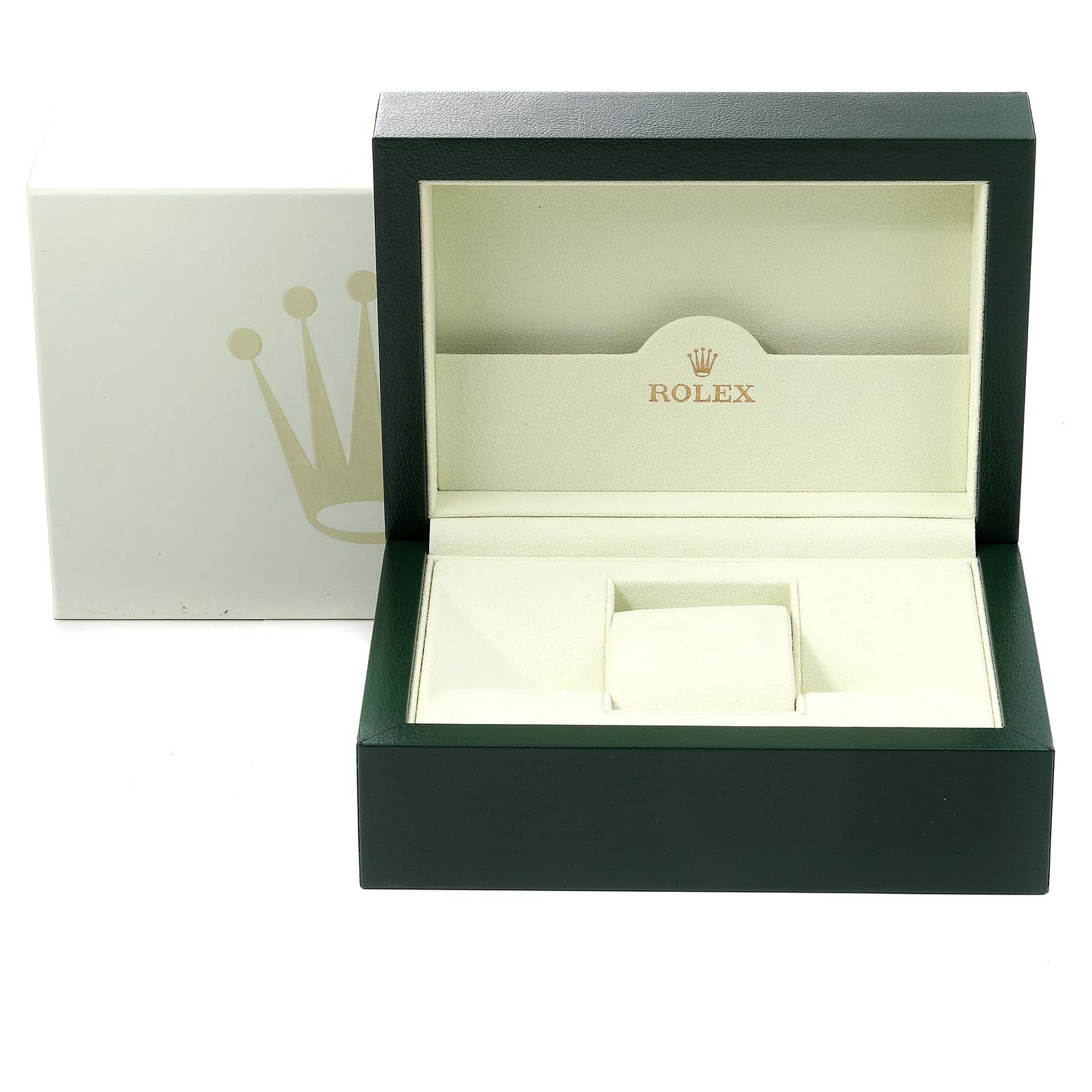 The image shows an open green and cream Rolex watch box for the Turn-o-Graph model, showcasing the interior compartments.