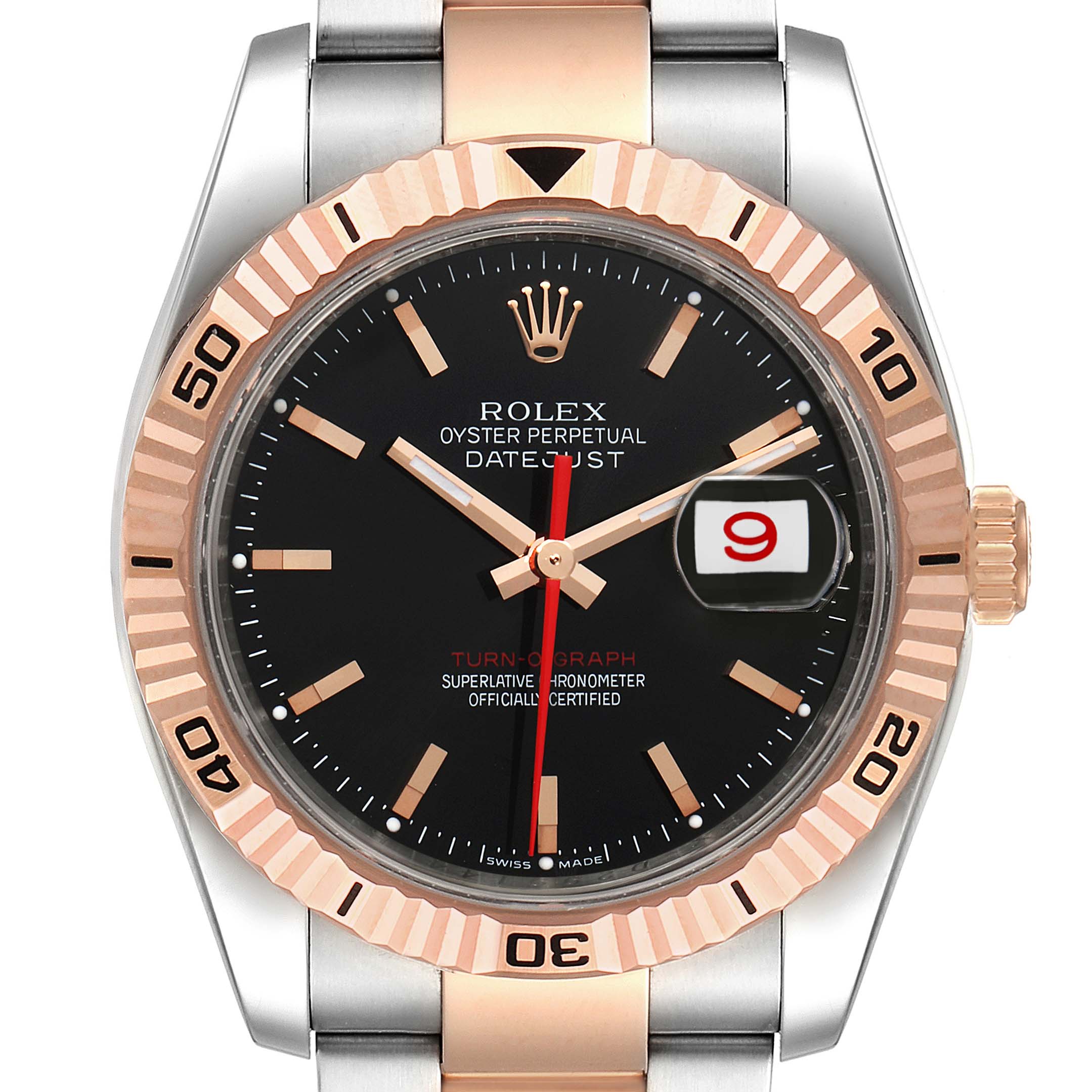 The image shows the face and part of the bracelet of a Rolex Turn-o-Graph 116261 Men
s Steel and Gold (two tone) Black Dial 116261 Men
s Steel and Gold (two tone) Black Dial watch, viewed from the front.
