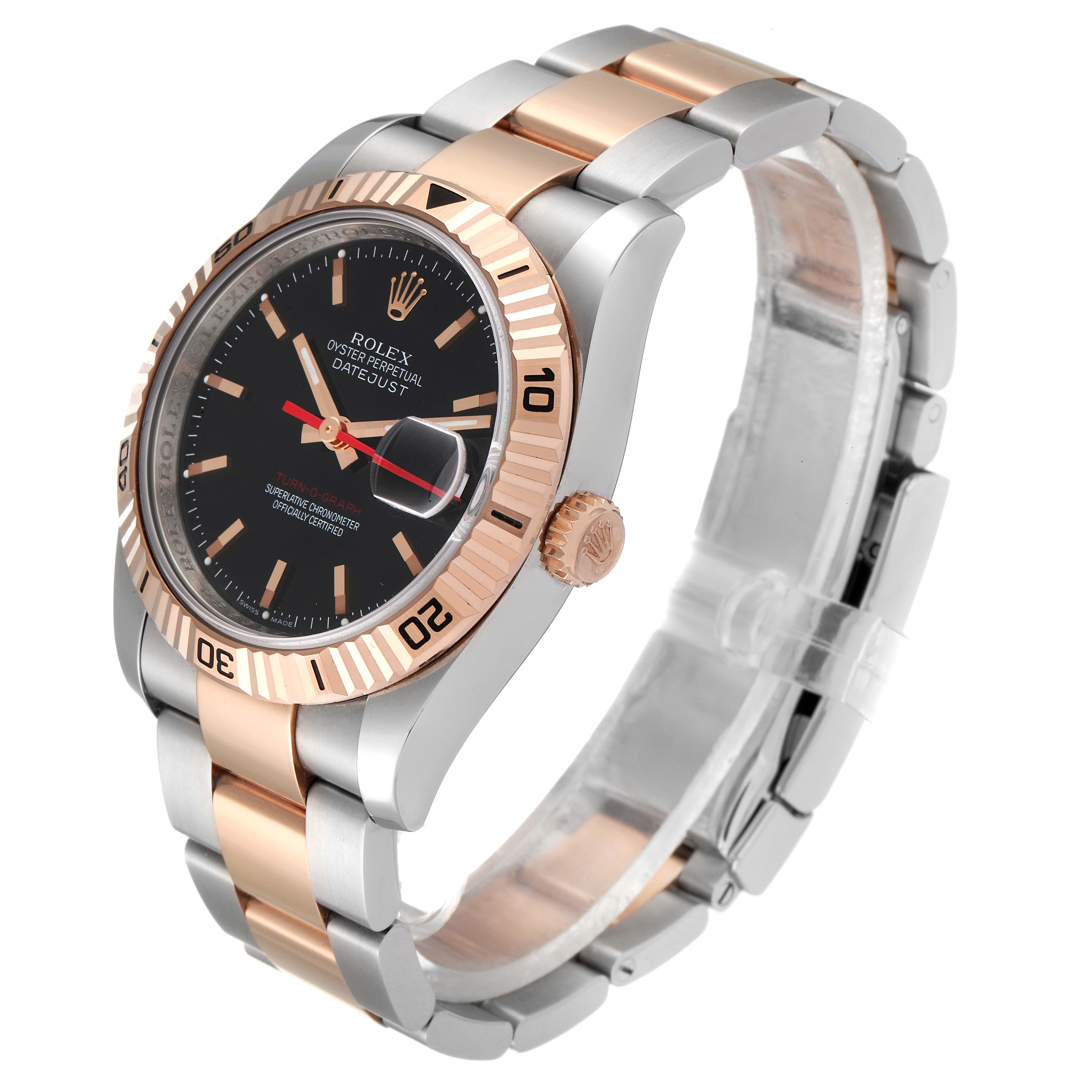 Side view of the Rolex Turn-o-Graph 116261 Men
s Steel and Gold (two tone) Black Dial 116261 Men
s Steel and Gold (two tone) Black Dial showing its bezel, crown, dial, hands, and two-tone bracelet.