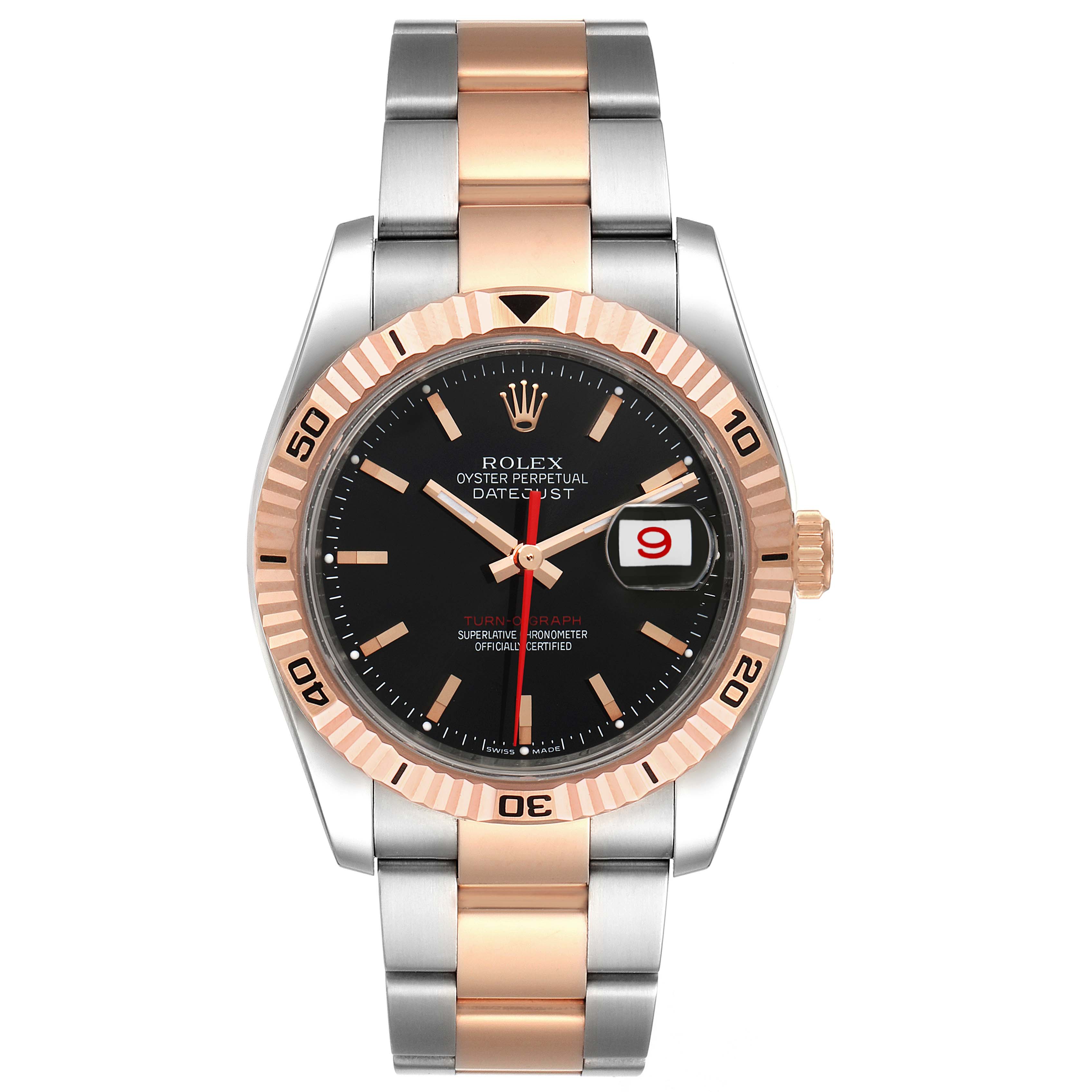 This image shows a front view of a Rolex Turn-o-Graph 116261 Men
s Steel and Gold (two tone) Black Dial 116261 Men
s Steel and Gold (two tone) Black Dial watch featuring a black dial, date display, and two-tone (rose gold and silver) bracelet.