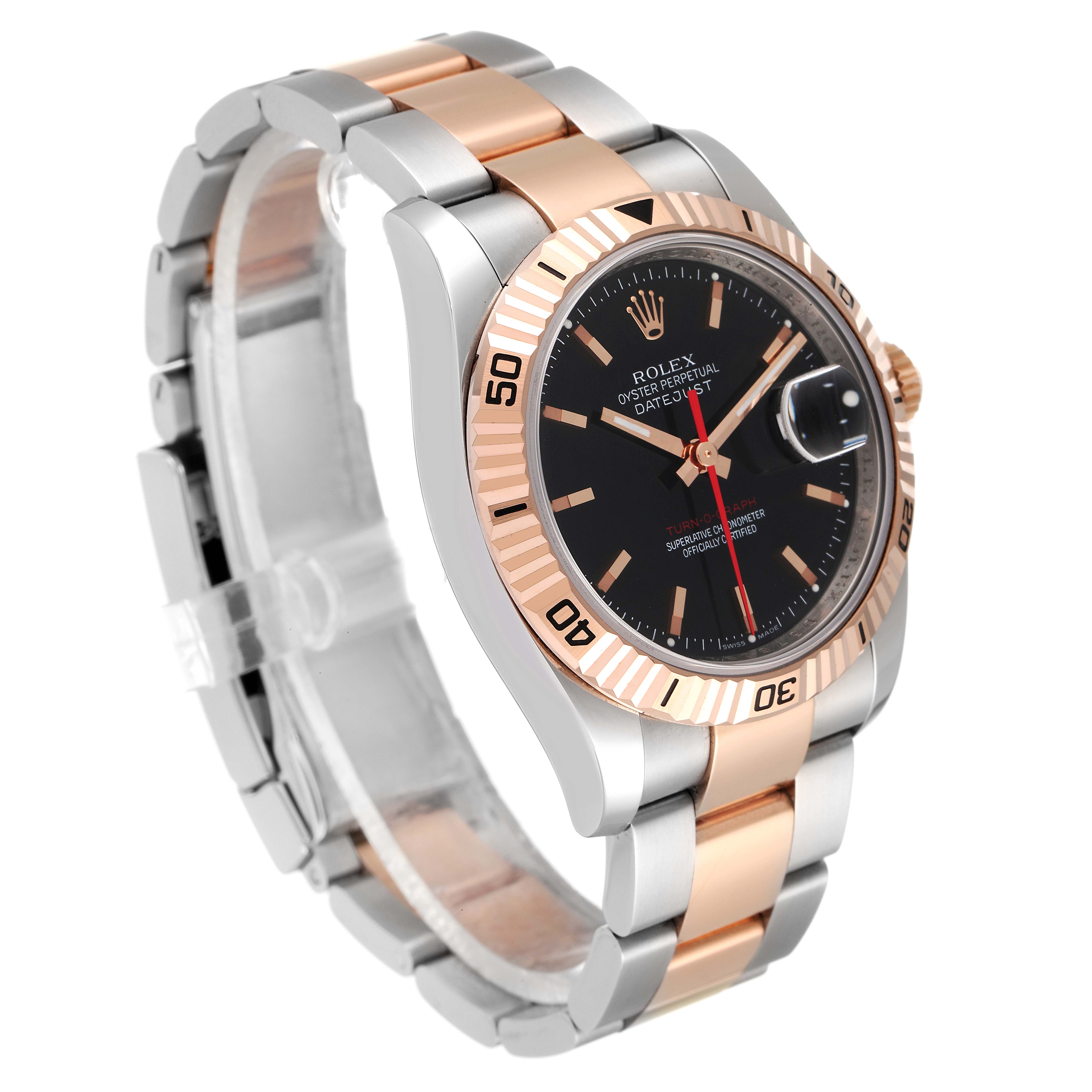 This image shows a Turn-o-Graph model Rolex watch at an angled side view, displaying its dial, bezel, and bracelet.