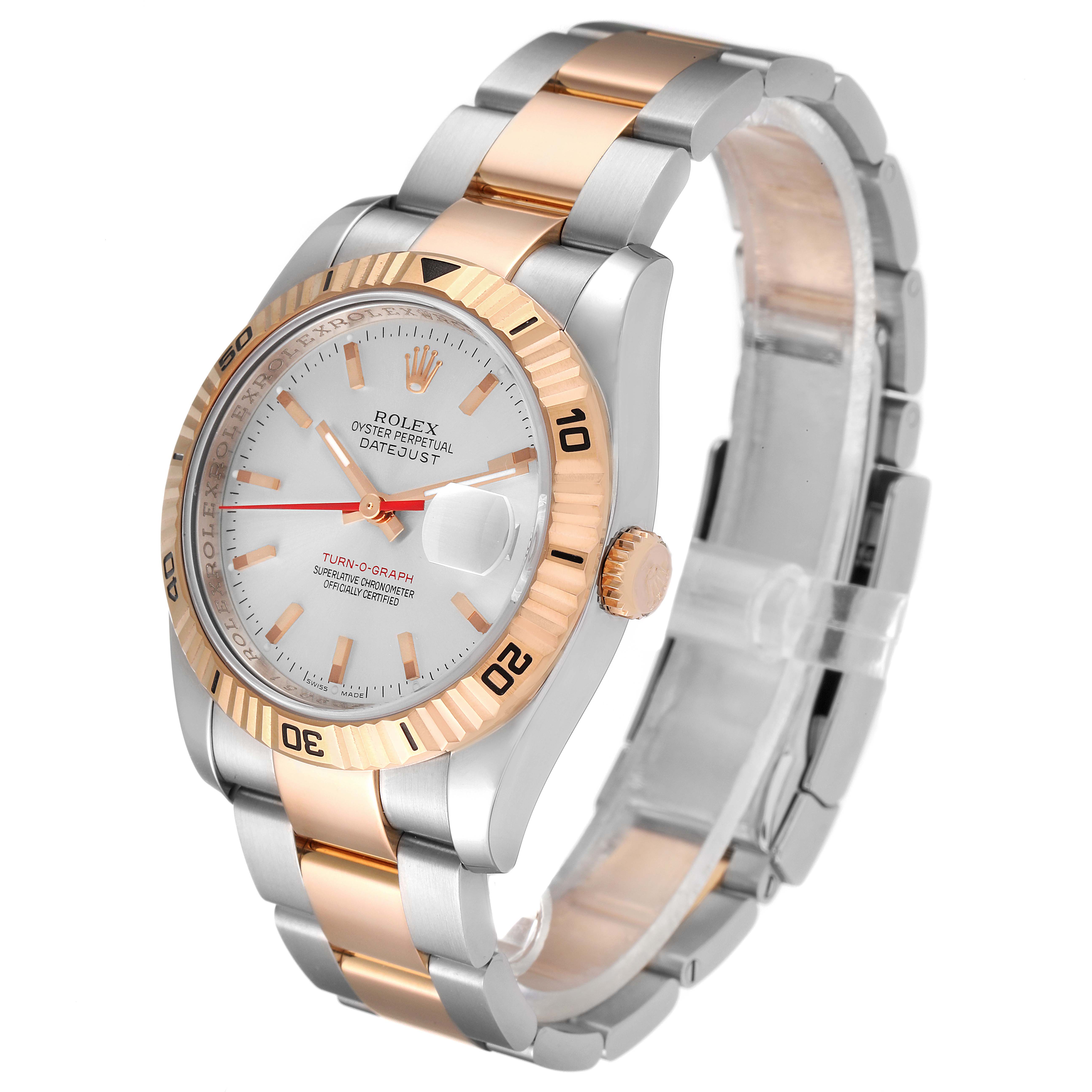 The image shows a Rolex Turn-o-Graph 116261 Men's Steel and Gold (two tone) Silver Dial 116261 Men's Steel and Gold (two tone) Silver Dial watch angled to display its face, bezel, and part of the two-tone bracelet.