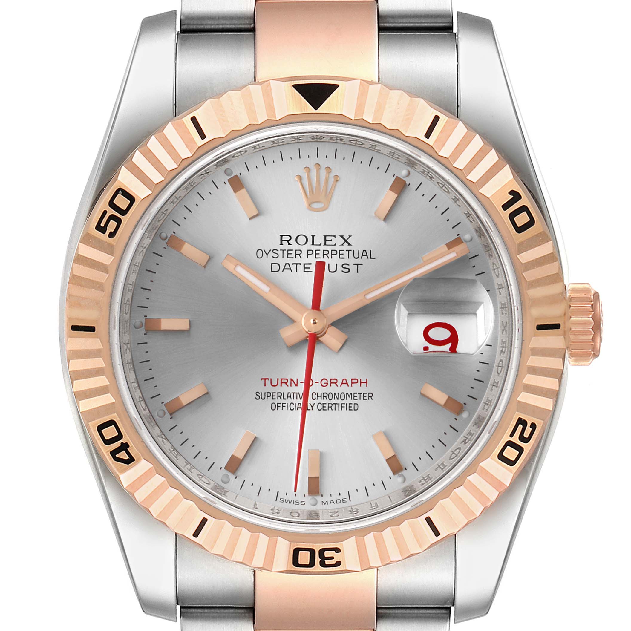 The image shows a Rolex Turn-o-Graph 116261 Men's Steel and Gold (two tone) Silver Dial 116261 Men's Steel and Gold (two tone) Silver Dial watch from a front angle, highlighting its dial, bezel, and bracelet.