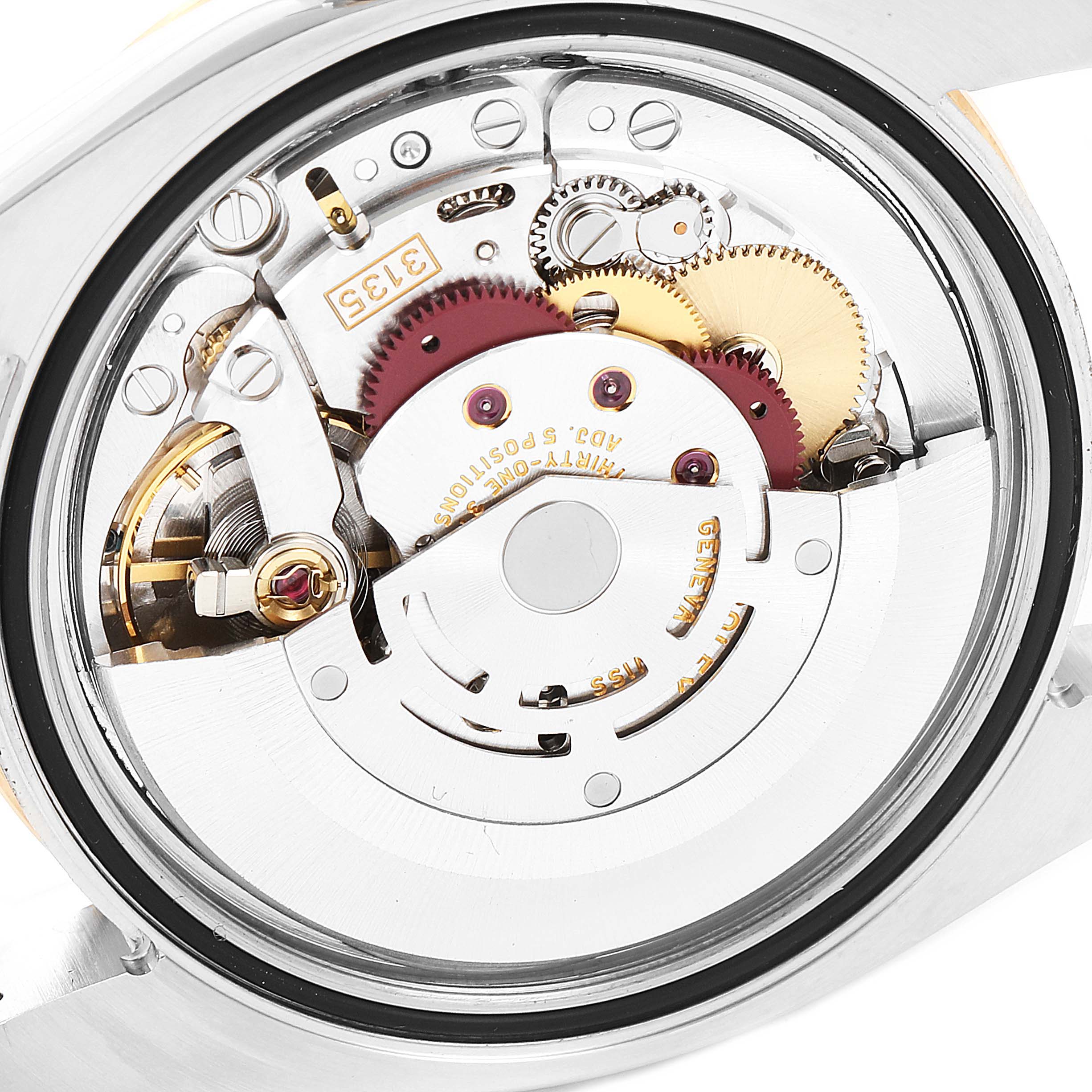 This image shows the internal mechanism of the Rolex Turn-o-Graph 116261 Men's Steel and Gold (two tone) Silver Dial 116261 Men's Steel and Gold (two tone) Silver Dial watch viewed from the back.