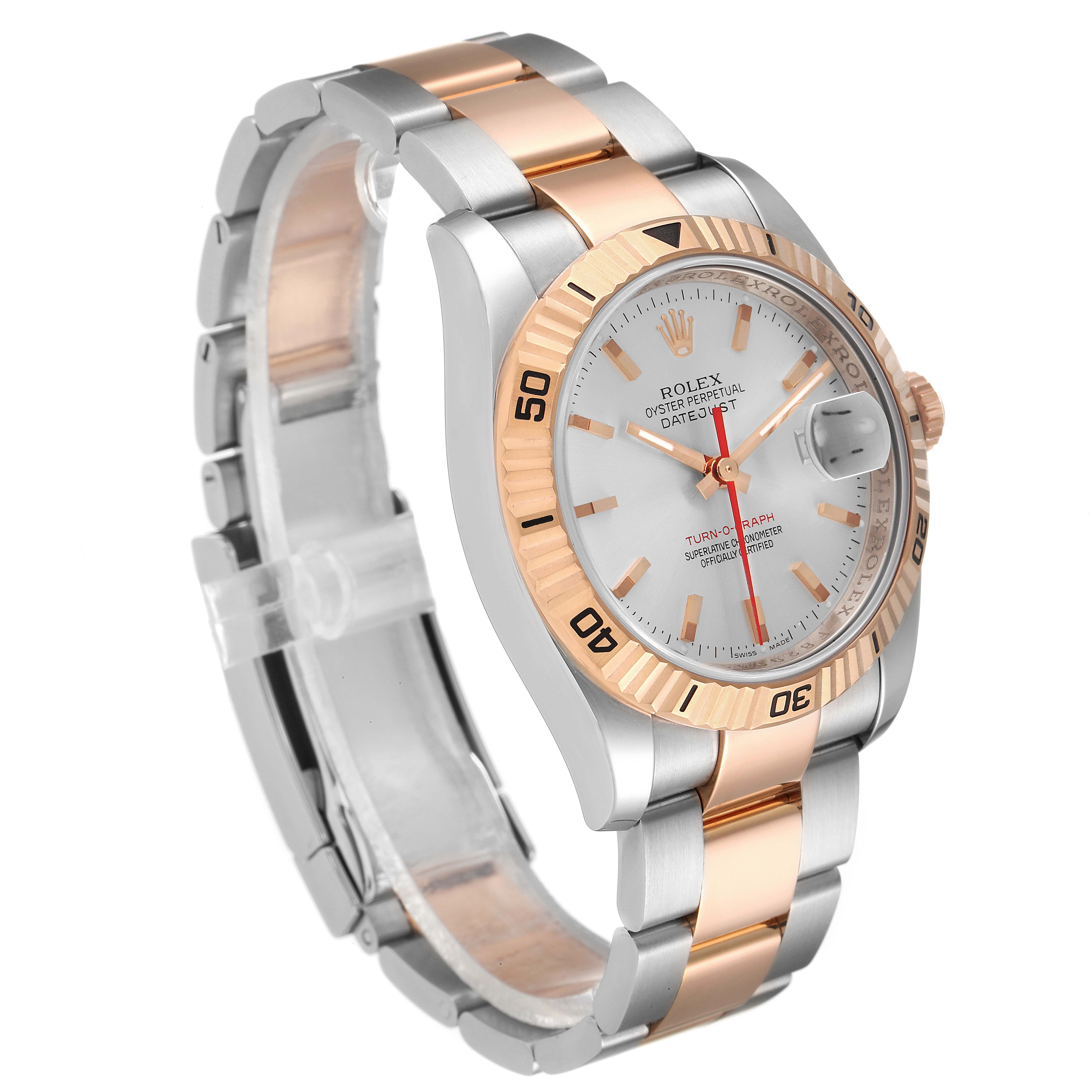 The image shows a side angle of a Rolex Turn-o-Graph 116261 Men's Steel and Gold (two tone) Silver Dial 116261 Men's Steel and Gold (two tone) Silver Dial, displaying the watch face, bezel, bracelet, and clasp.