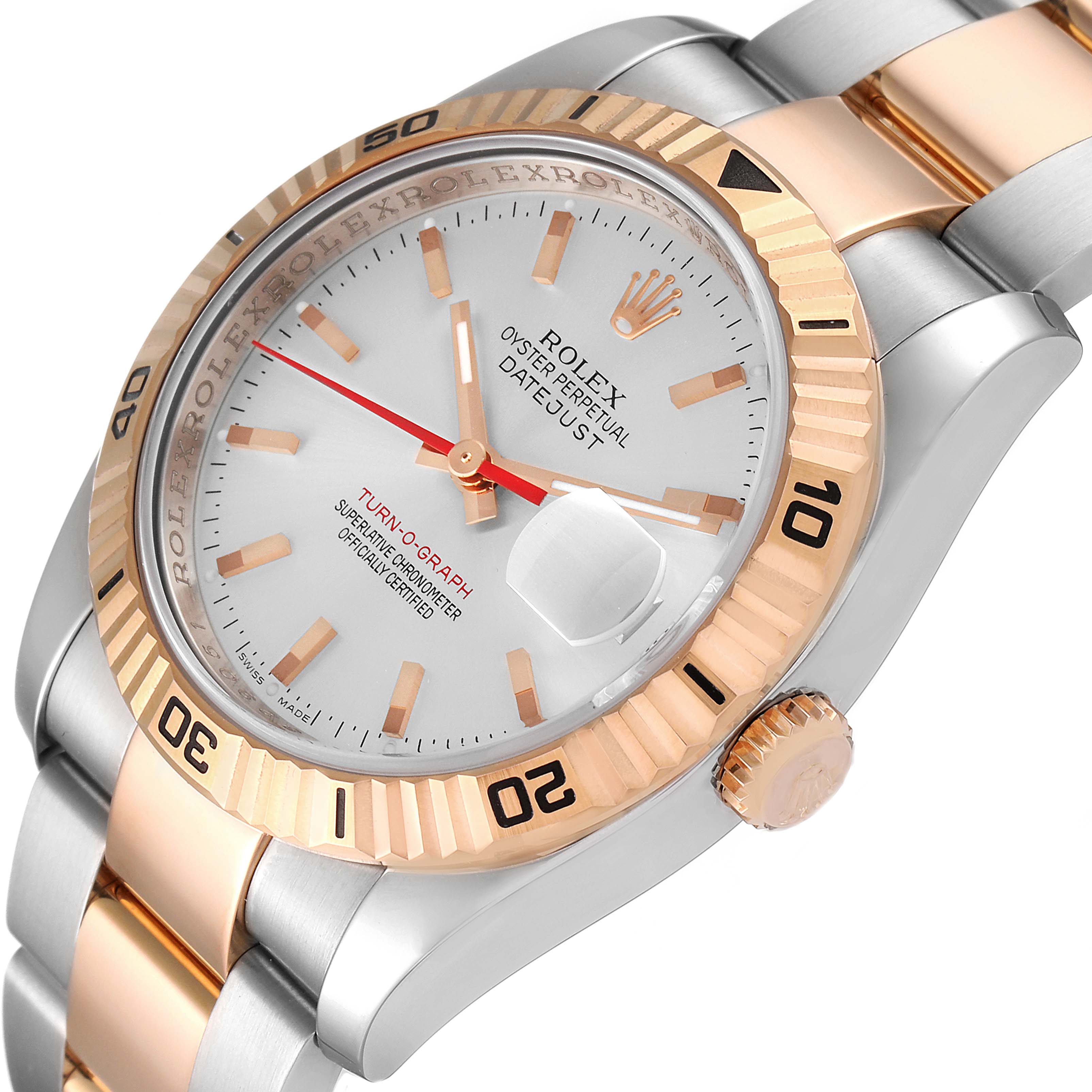 The image shows a close-up, angled view of the Rolex Turn-o-Graph 116261 Men's Steel and Gold (two tone) Silver Dial 116261 Men's Steel and Gold (two tone) Silver Dial watch, highlighting its face, bezel, and part of the bracelet.