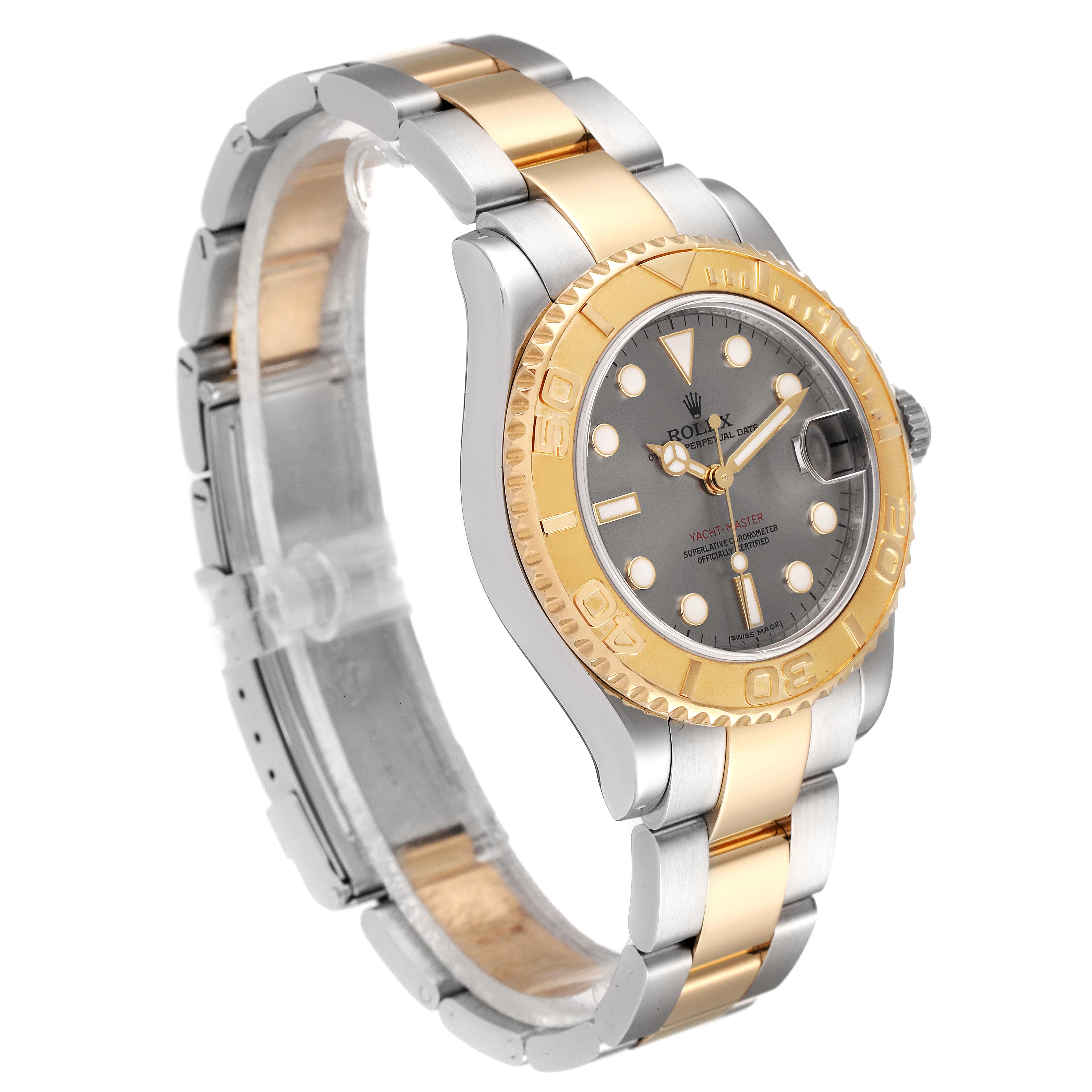 The image shows a Rolex Yacht-Master 168623 Men's Steel and Gold (two tone) Grey Dial 168623 Men's Steel and Gold (two tone) Grey Dial watch from a three-quarter angle, highlighting its face, two-tone bezel, and bracelet.