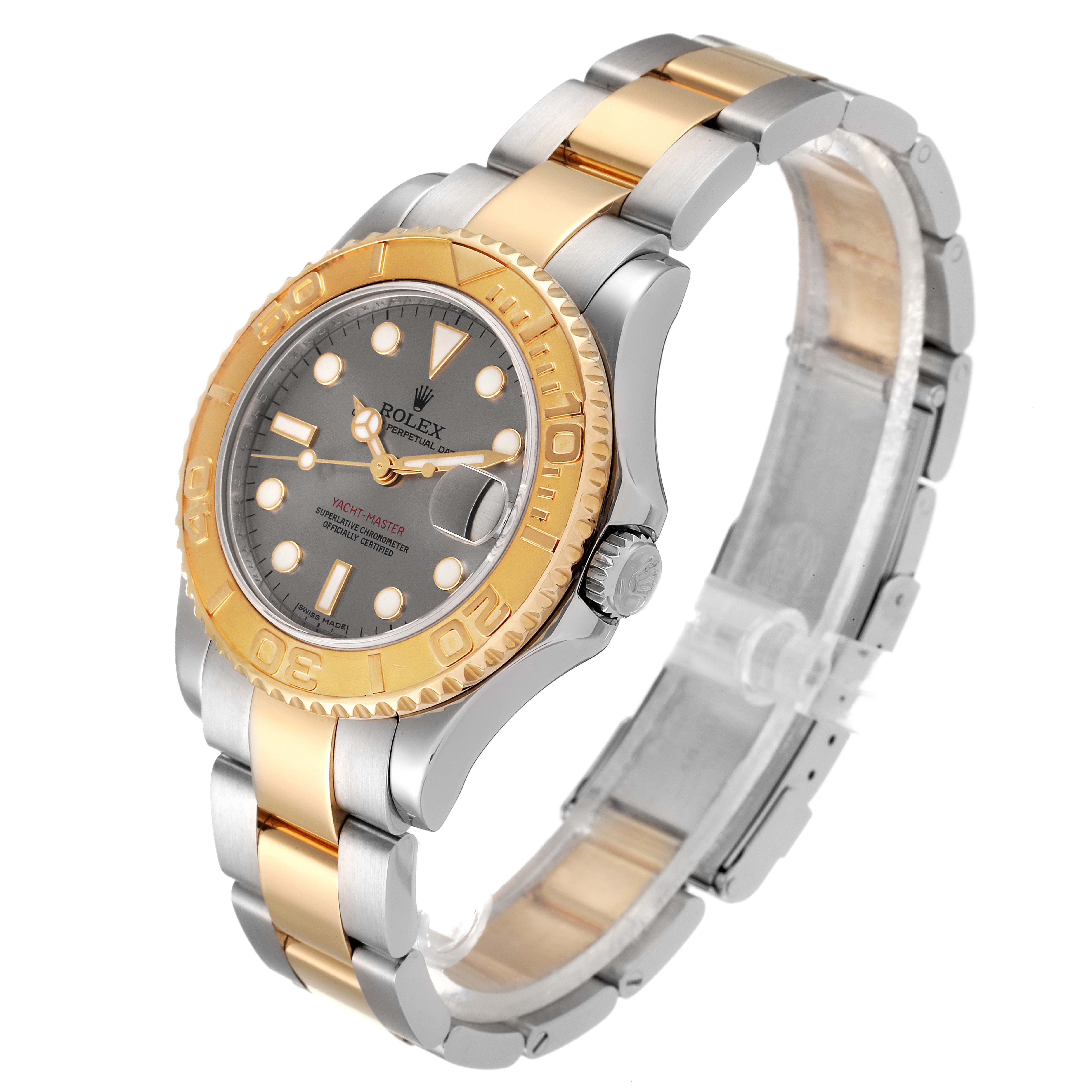 The Rolex Yacht-Master 168623 Men's Steel and Gold (two tone) Grey Dial 168623 Men's Steel and Gold (two tone) Grey Dial watch is shown at a three-quarter angle, revealing the face, bezel, and two-tone band.