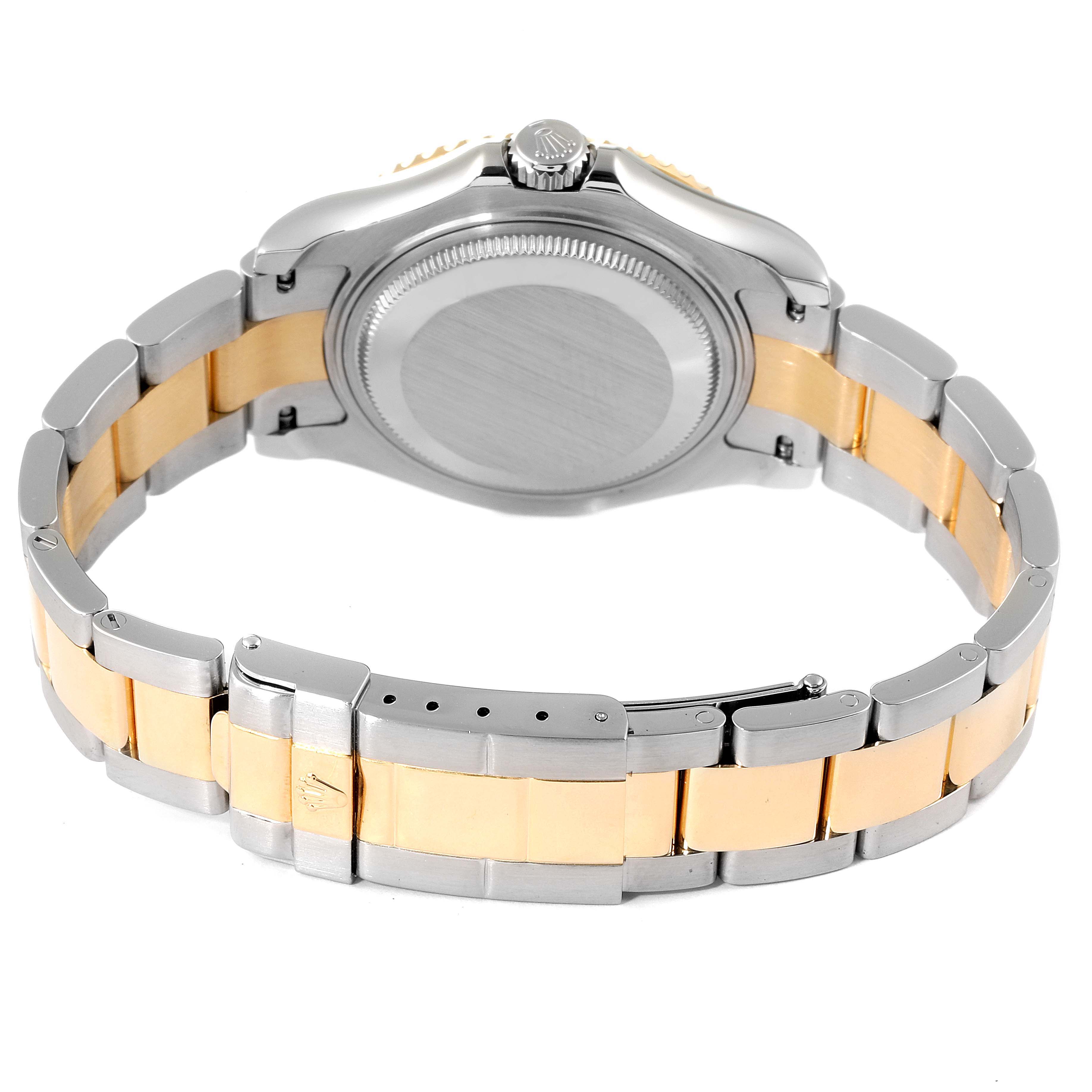 This image shows the back angle of a Rolex Yacht-Master 168623 Men's Steel and Gold (two tone) Grey Dial 168623 Men's Steel and Gold (two tone) Grey Dial watch, highlighting its bracelet and case back.