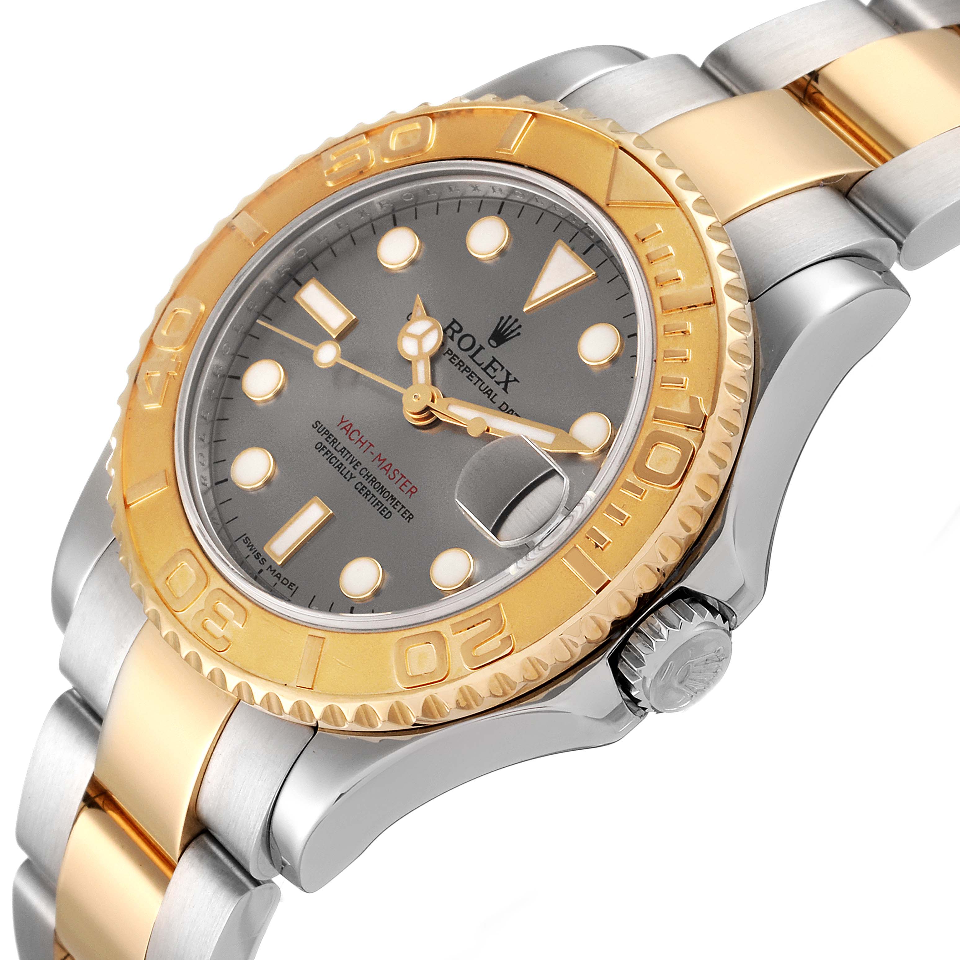 The image shows a close-up of the Rolex Yacht-Master 168623 Men's Steel and Gold (two tone) Grey Dial 168623 Men's Steel and Gold (two tone) Grey Dial watch, highlighting the face, bezel, crown, and part of the bracelet.
