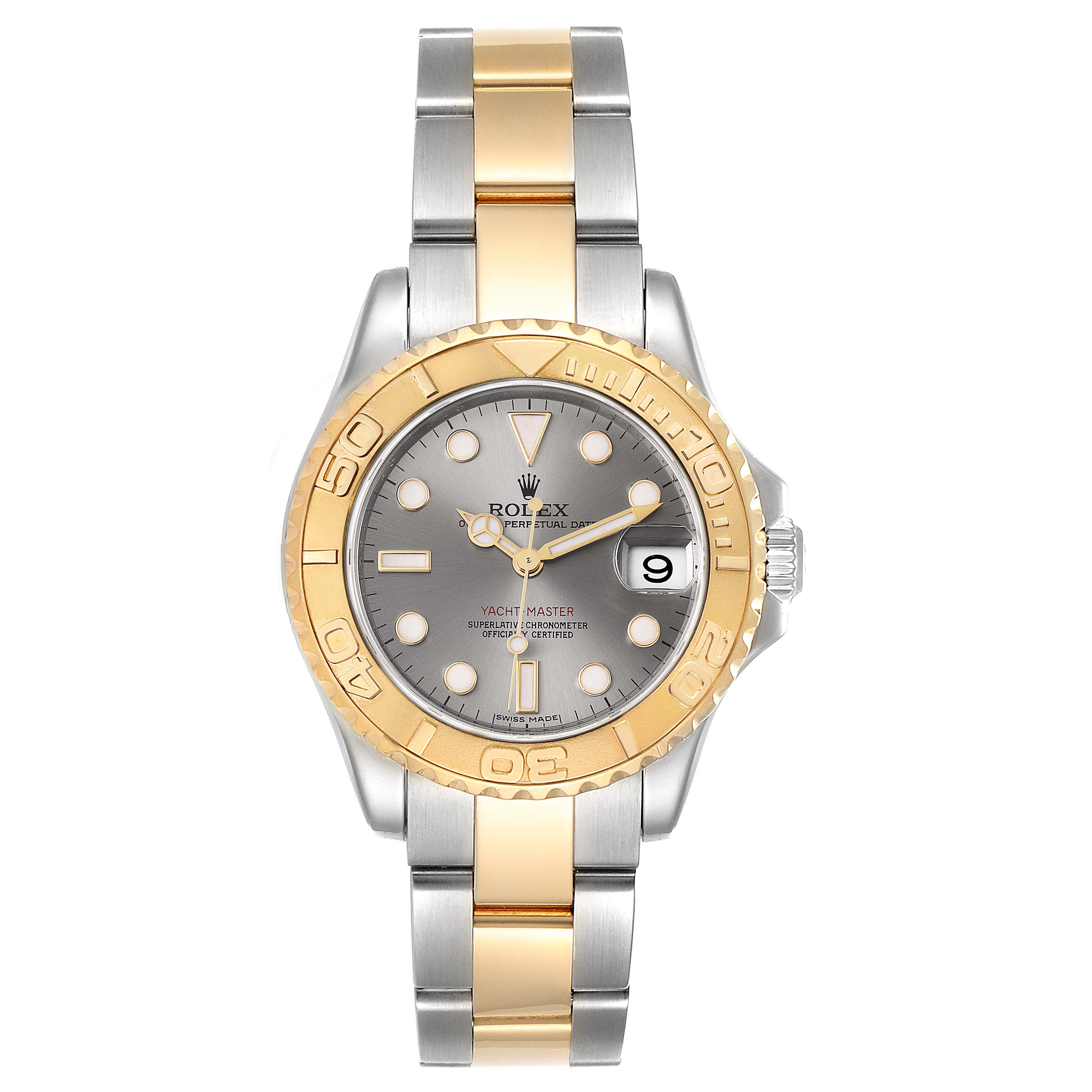 The Rolex Yacht-Master 168623 Men's Steel and Gold (two tone) Grey Dial 168623 Men's Steel and Gold (two tone) Grey Dial watch is shown from a front angle, featuring its two-tone bracelet, bezel, and dial.