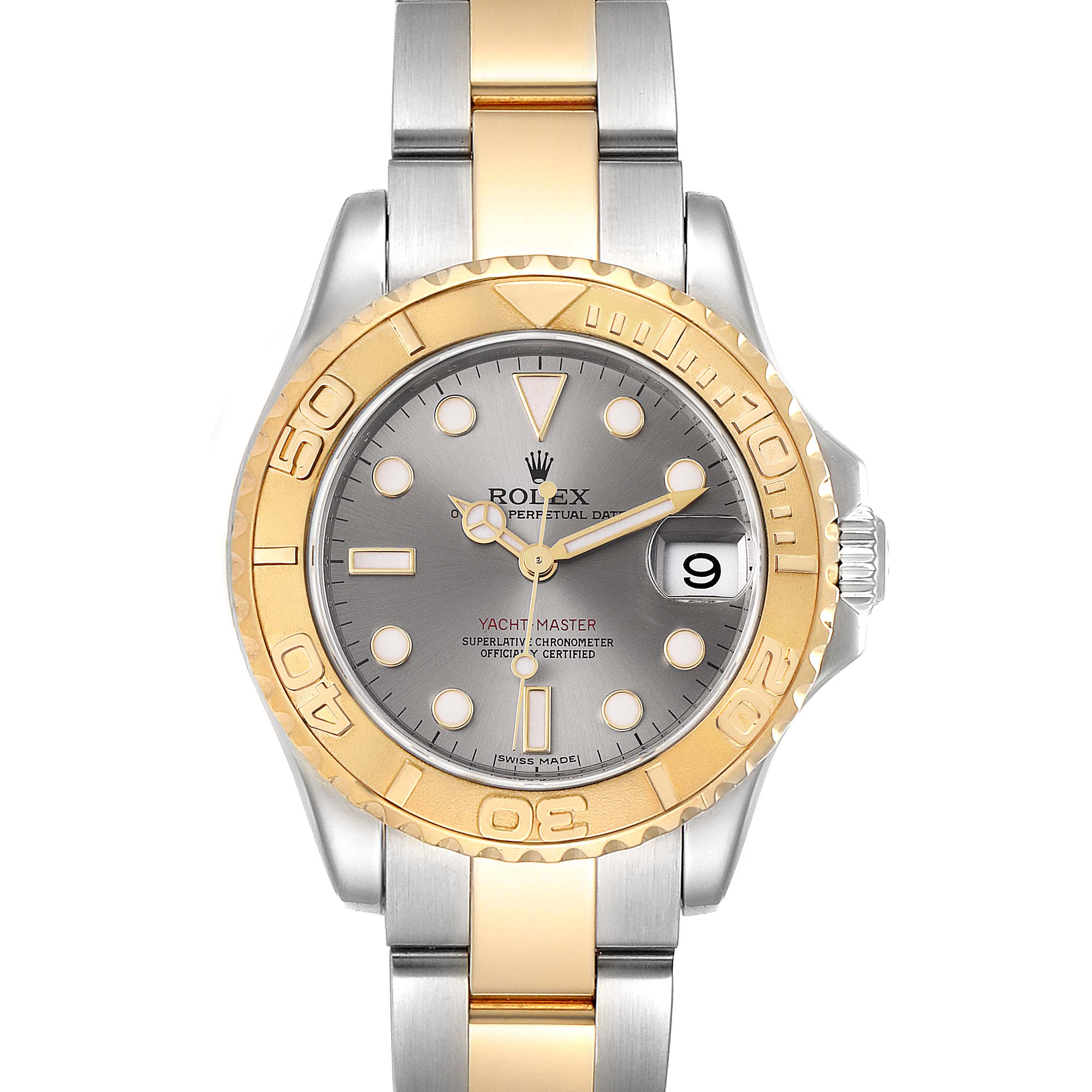 The Rolex Yacht-Master 168623 Men's Steel and Gold (two tone) Grey Dial 168623 Men's Steel and Gold (two tone) Grey Dial watch is shown from a front angle, displaying the bezel, face, hands, and bracelet.