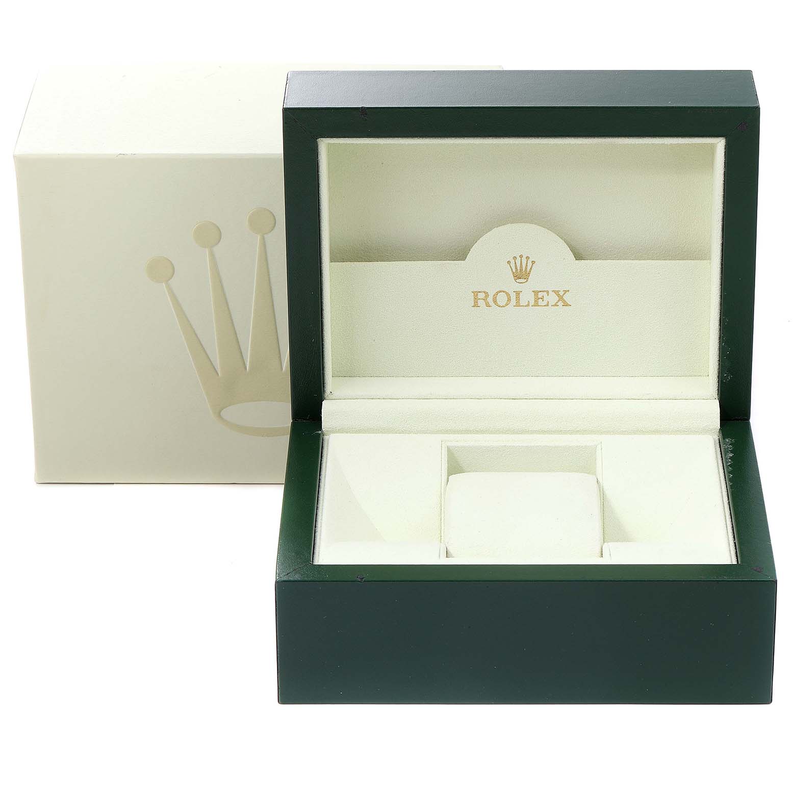 The image shows an open Rolex Yacht-Master 168623 Men's Steel and Gold (two tone) Grey Dial 168623 Men's Steel and Gold (two tone) Grey Dial watch box at a front angle, with the outer box in the background.