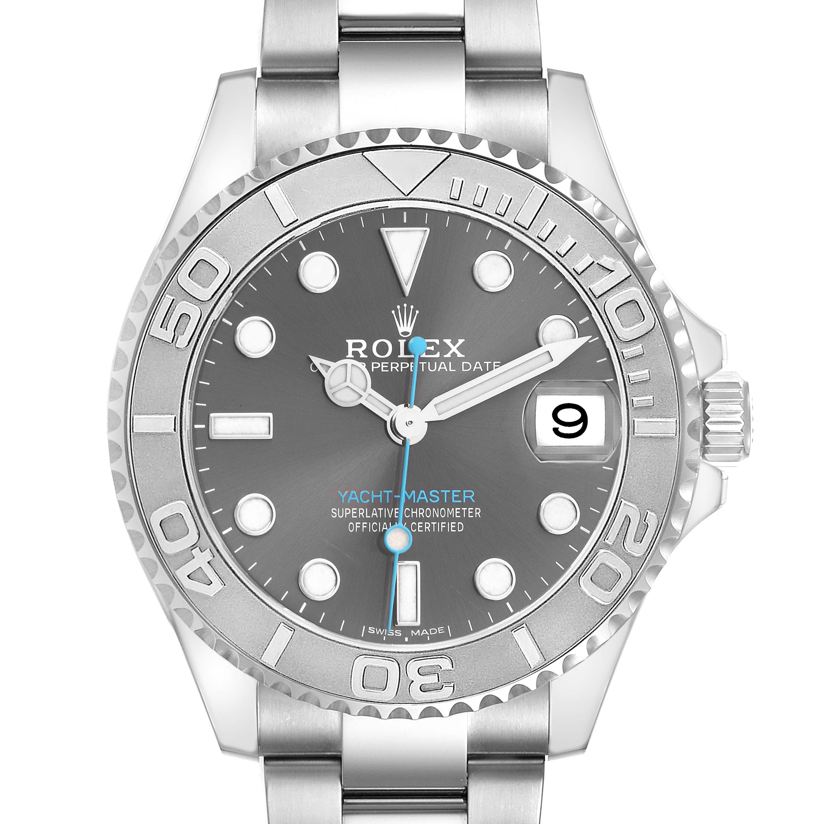 The Rolex Yacht-Master 268622 Men
s Platinum Grey Dial watch is shown from a front angle, highlighting the dial, bezel, bracelet, and date window.