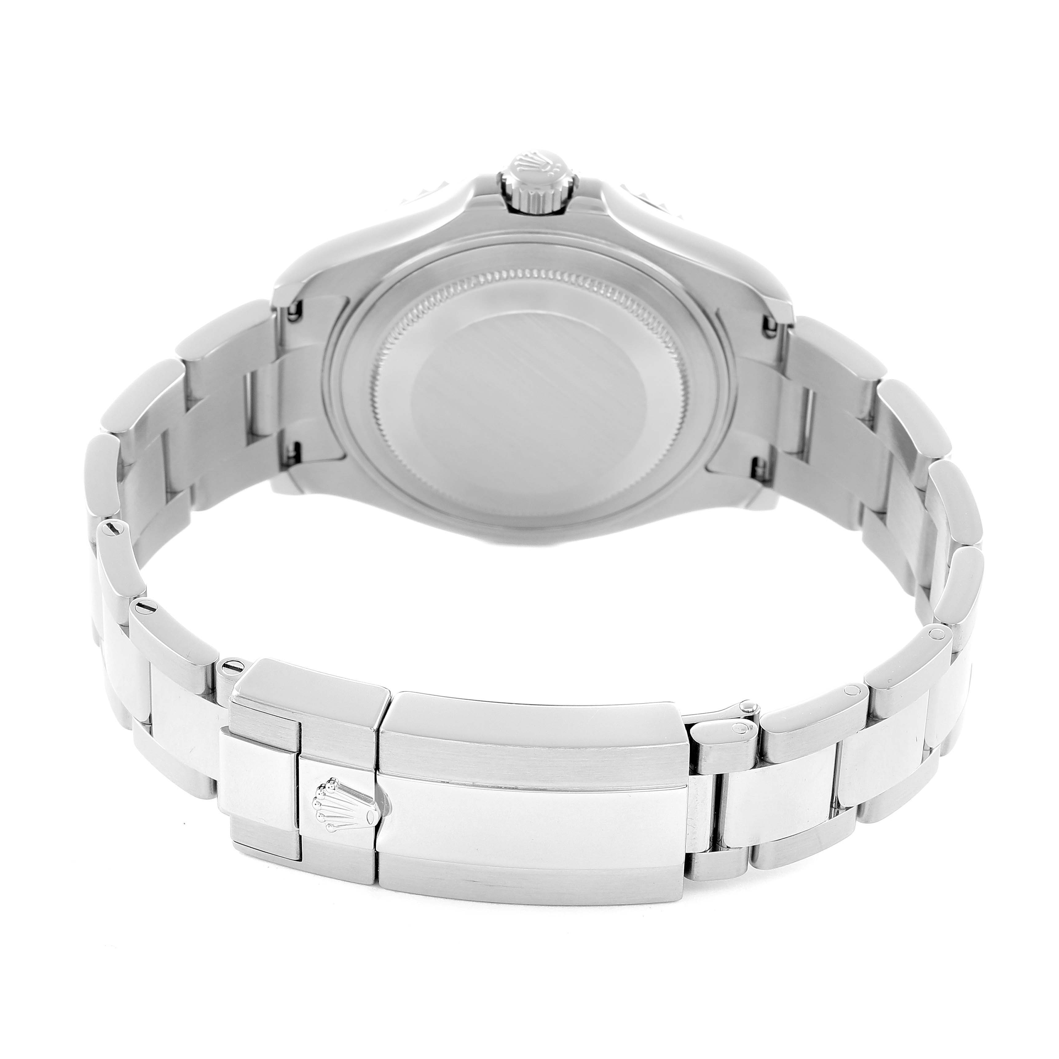 The image shows a Rolex Yacht-Master 268622 Men
s Platinum Grey Dial watch viewed from the back, highlighting the clasp and bracelet.