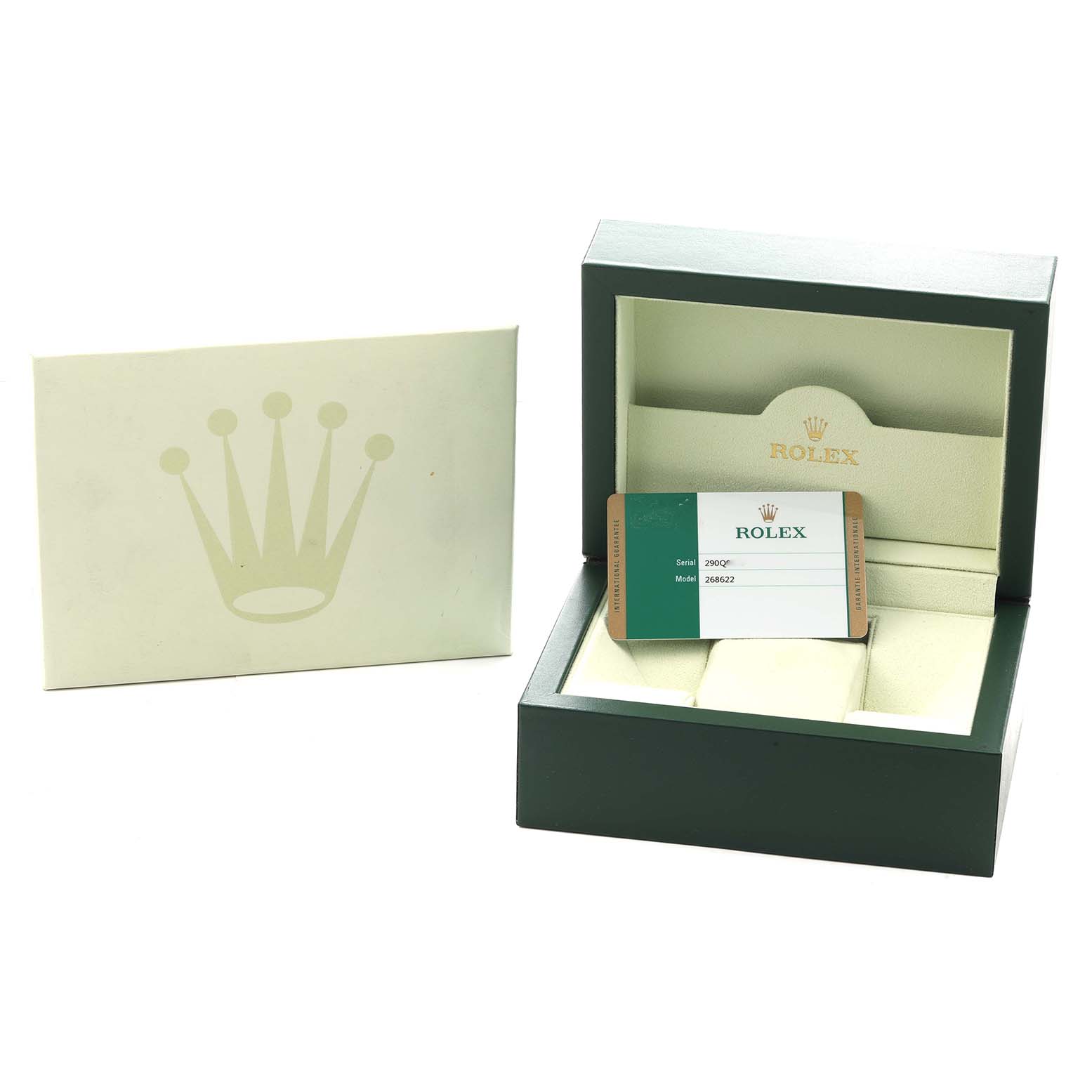 The image shows the Rolex Yacht-Master 268622 Men
s Platinum Grey Dial
s box, papers, and warranty card.