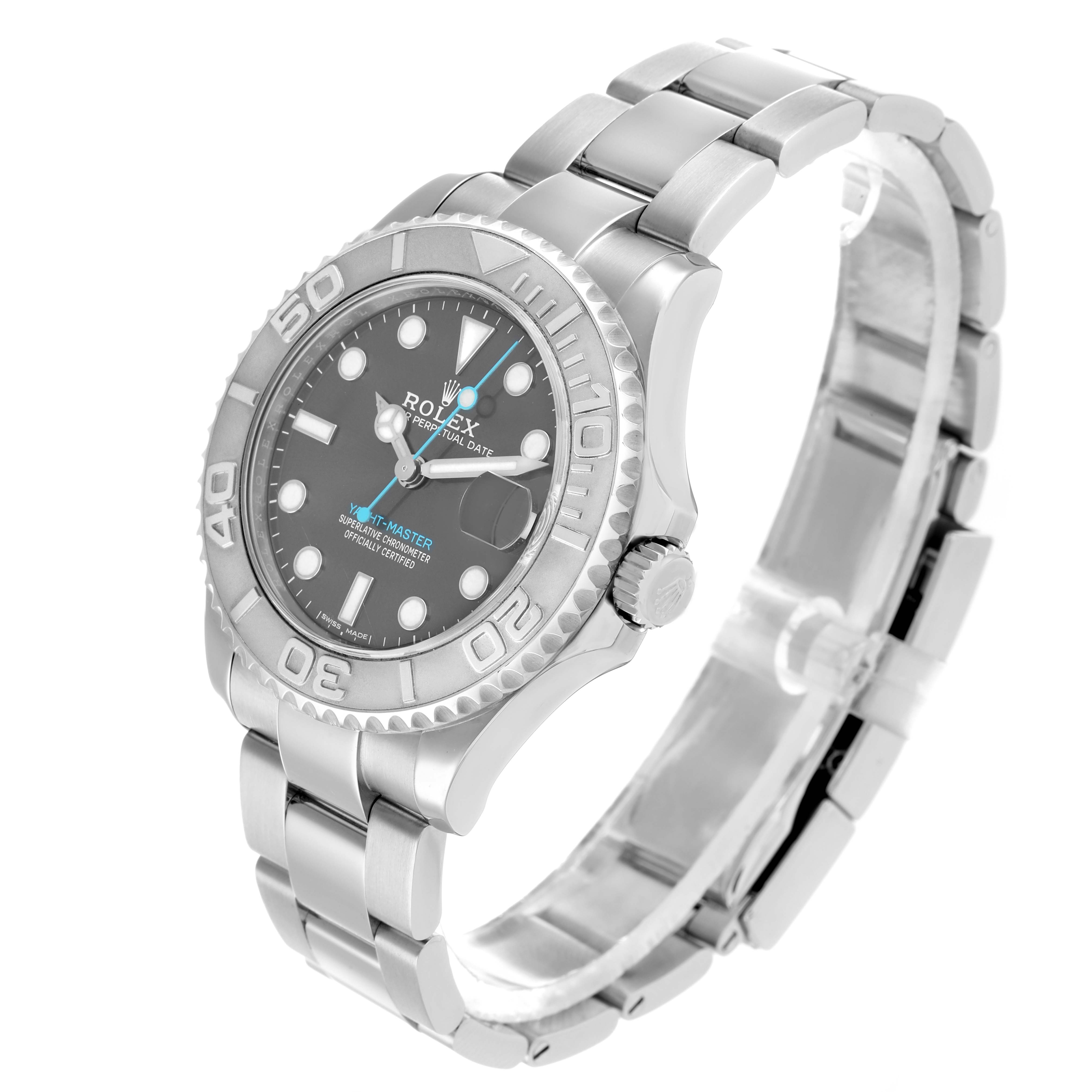 The Yacht-Master by Rolex is shown at a three-quarter angle, highlighting the face, bezel, bracelet, and crown.