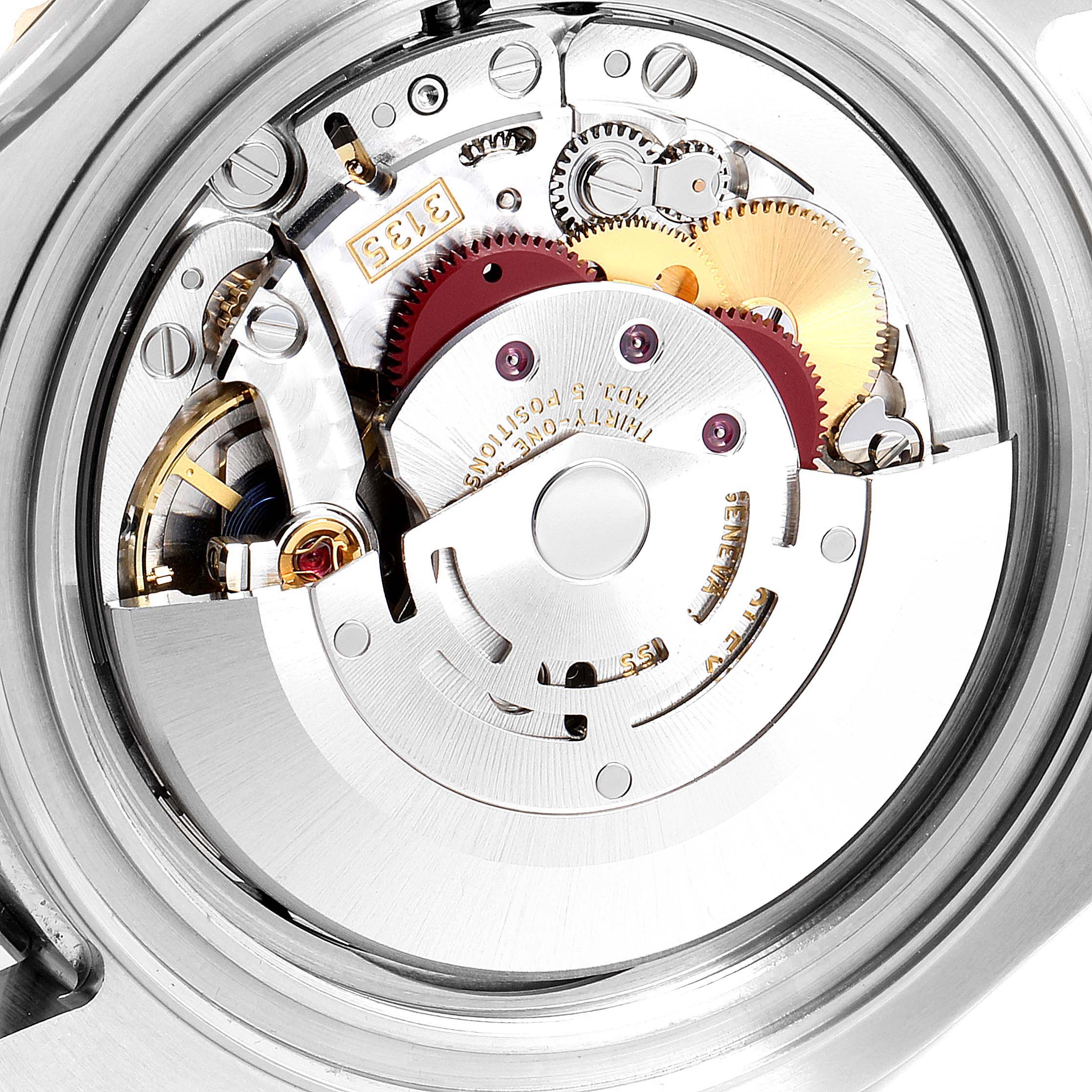This is a close-up of the movement mechanism inside a Rolex Yacht-Master 16623 Men's Steel and Gold (two tone) Mother of Pearl Dial 16623 Men's Steel and Gold (two tone) Mother of Pearl Dial watch, showing gears and intricate parts.