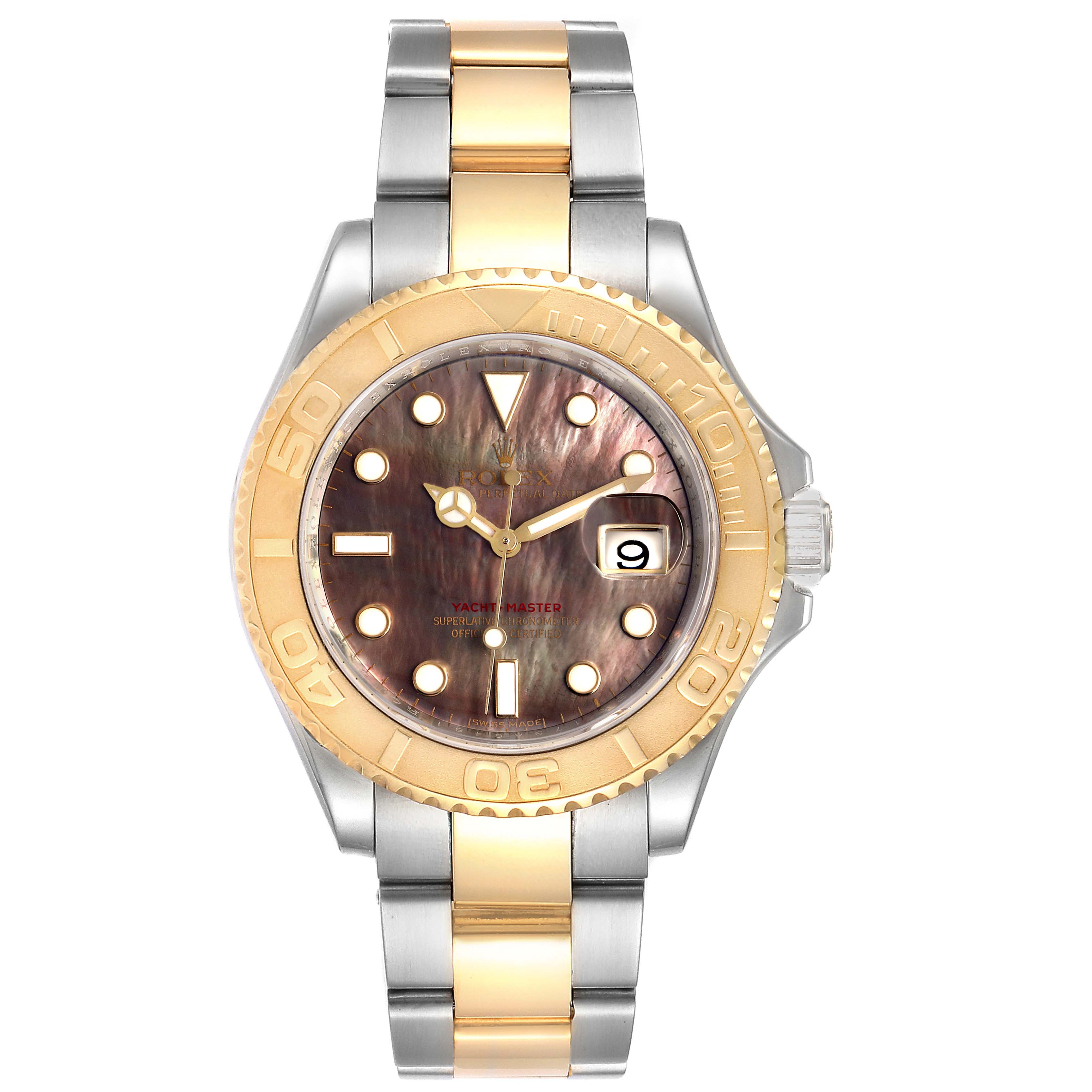 The image shows a front view of a Rolex Yacht-Master 16623 Men's Steel and Gold (two tone) Mother of Pearl Dial 16623 Men's Steel and Gold (two tone) Mother of Pearl Dial watch, displaying its bezel, dial, hands, date window, and bracelet.