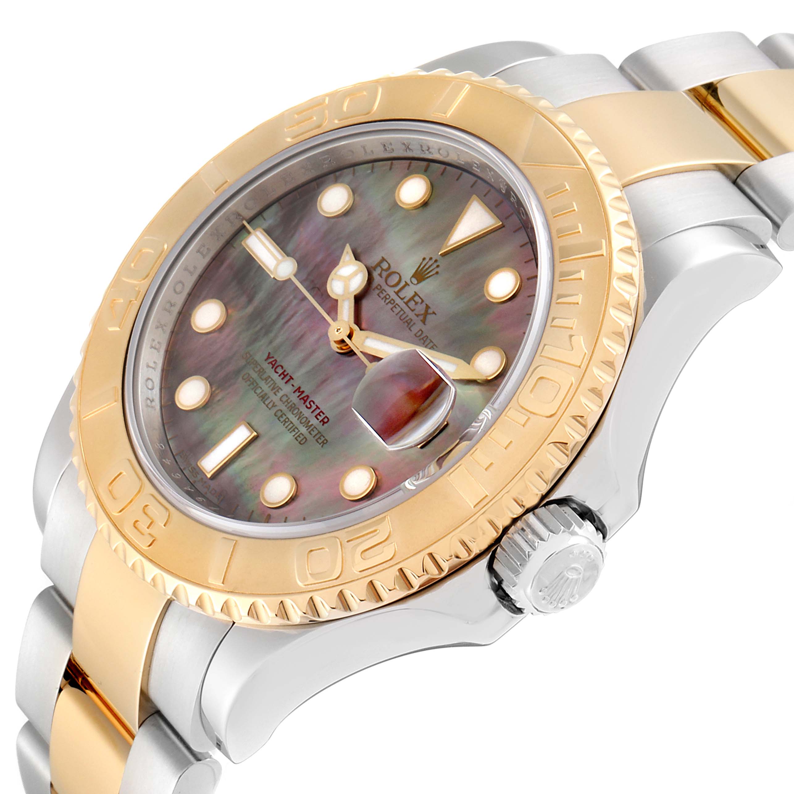 This Yacht-Master Rolex watch is shown at a slightly angled side view, highlighting its dial, bezel, crown, and bracelet.