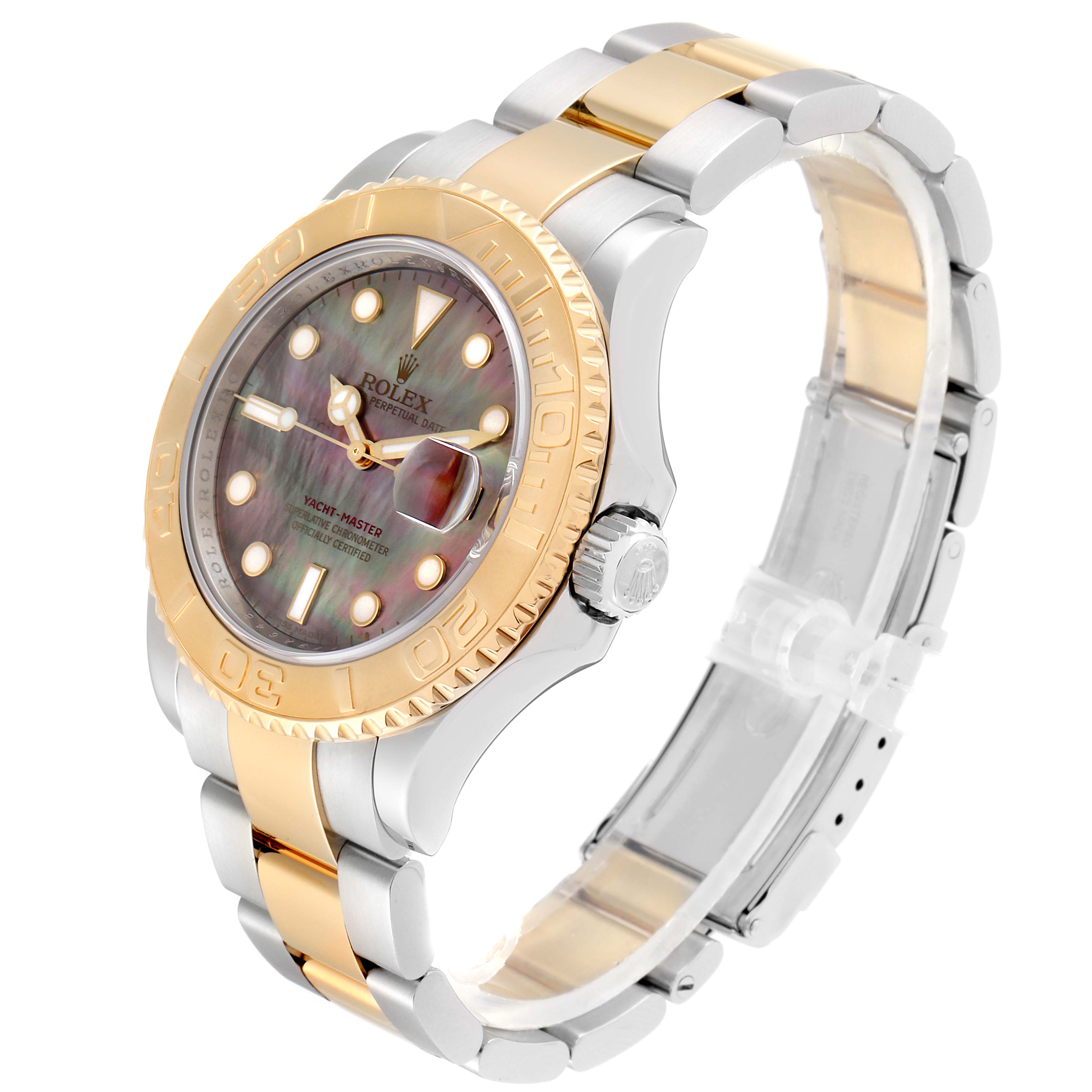 This Rolex Yacht-Master 16623 Men's Steel and Gold (two tone) Mother of Pearl Dial 16623 Men's Steel and Gold (two tone) Mother of Pearl Dial watch is shown from a front-angle view, displaying its face, bezel, and bracelet.