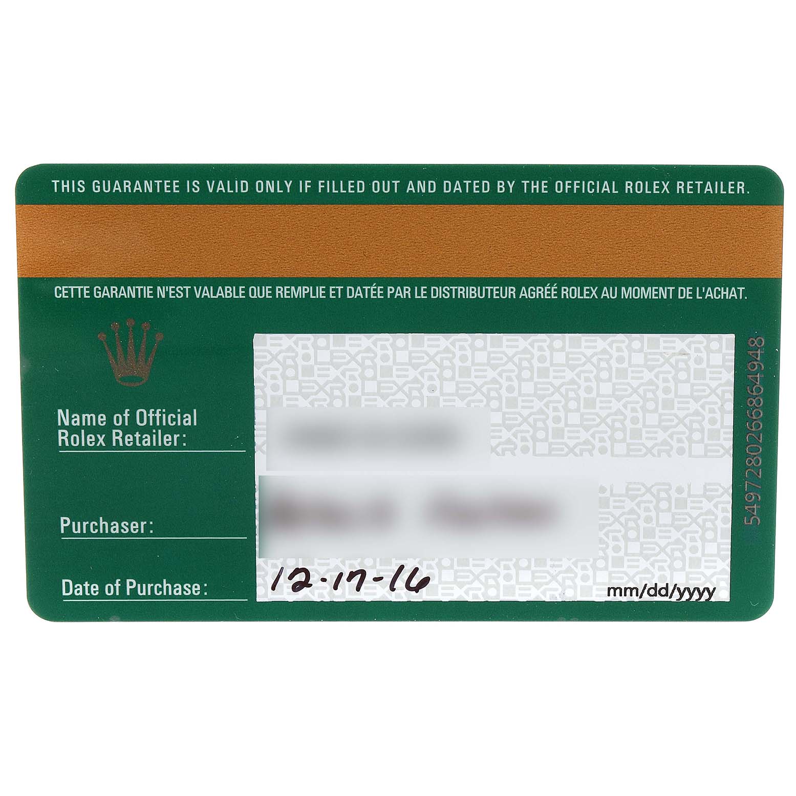 This image shows the official guarantee card for the Rolex Yacht-Master 16623 Men's Steel and Gold (two tone) Mother of Pearl Dial 16623 Men's Steel and Gold (two tone) Mother of Pearl Dial model, displaying warranty and purchase details.