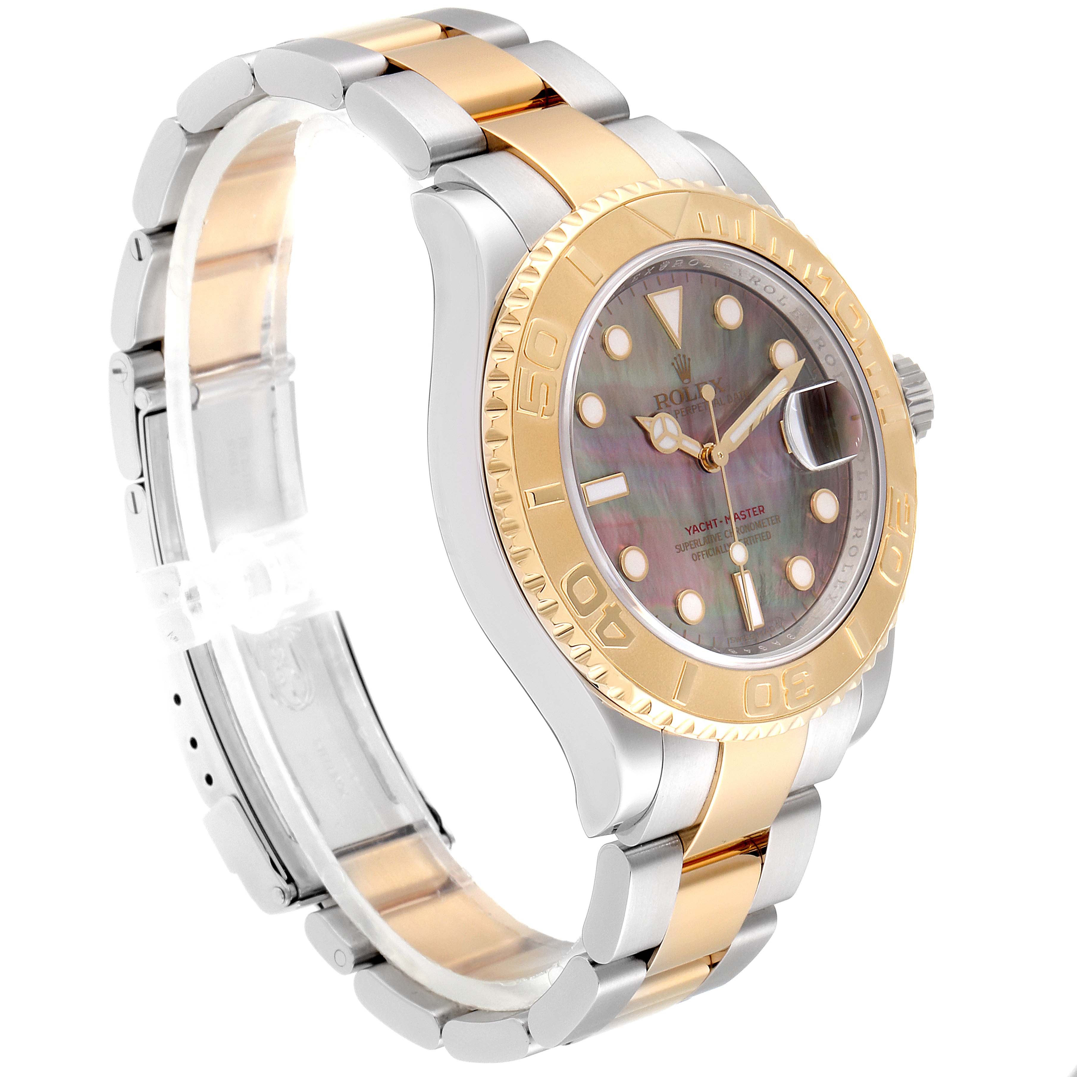 This image shows the side and front of the Rolex Yacht-Master 16623 Men's Steel and Gold (two tone) Mother of Pearl Dial 16623 Men's Steel and Gold (two tone) Mother of Pearl Dial watch, highlighting its face, bezel, and bracelet.